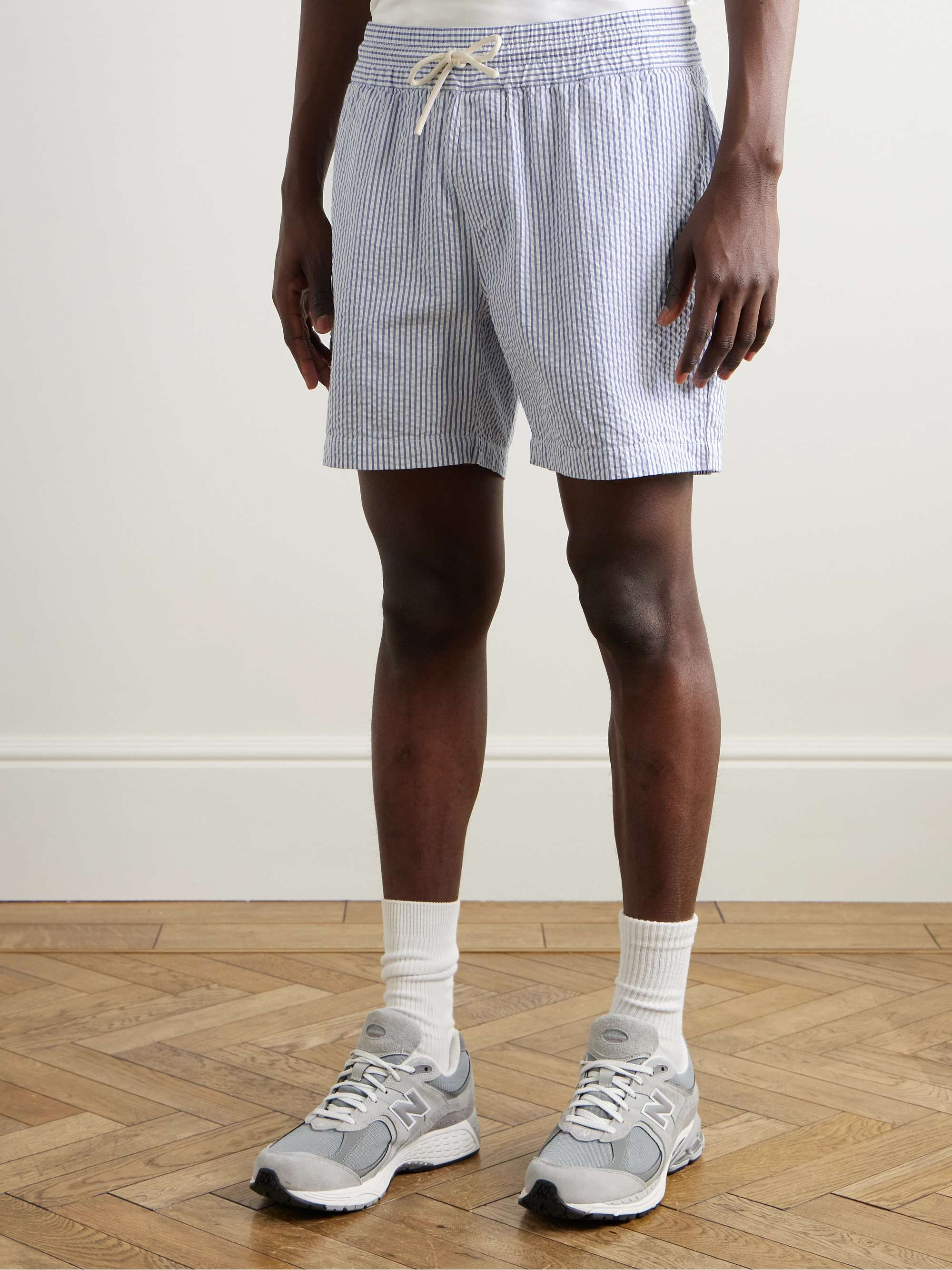 Straight-Leg Striped Cotton-Seersucker Drawstring Shorts view