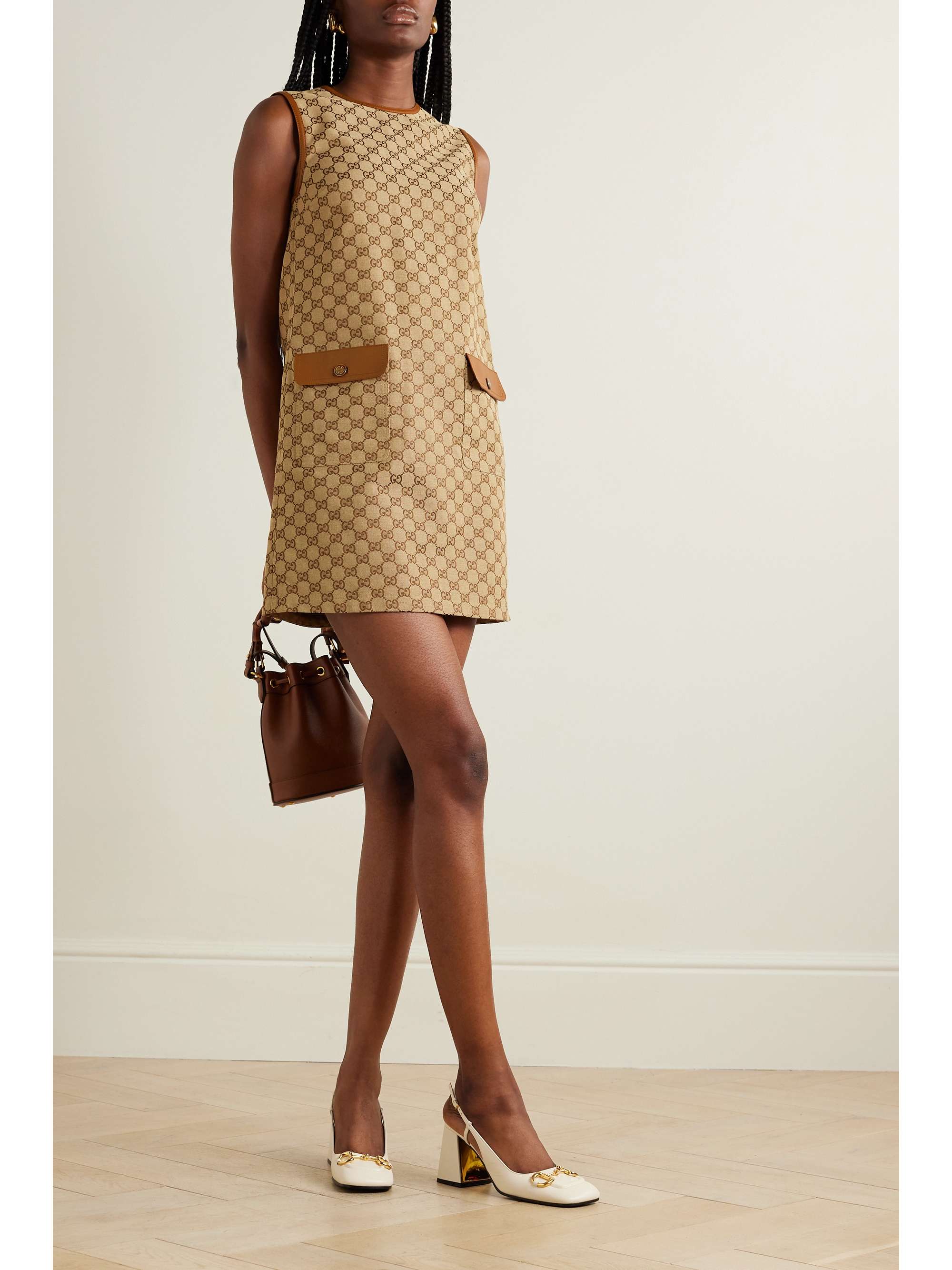 Leather-trimmed cotton-blend canvas-jacquard mini dress view