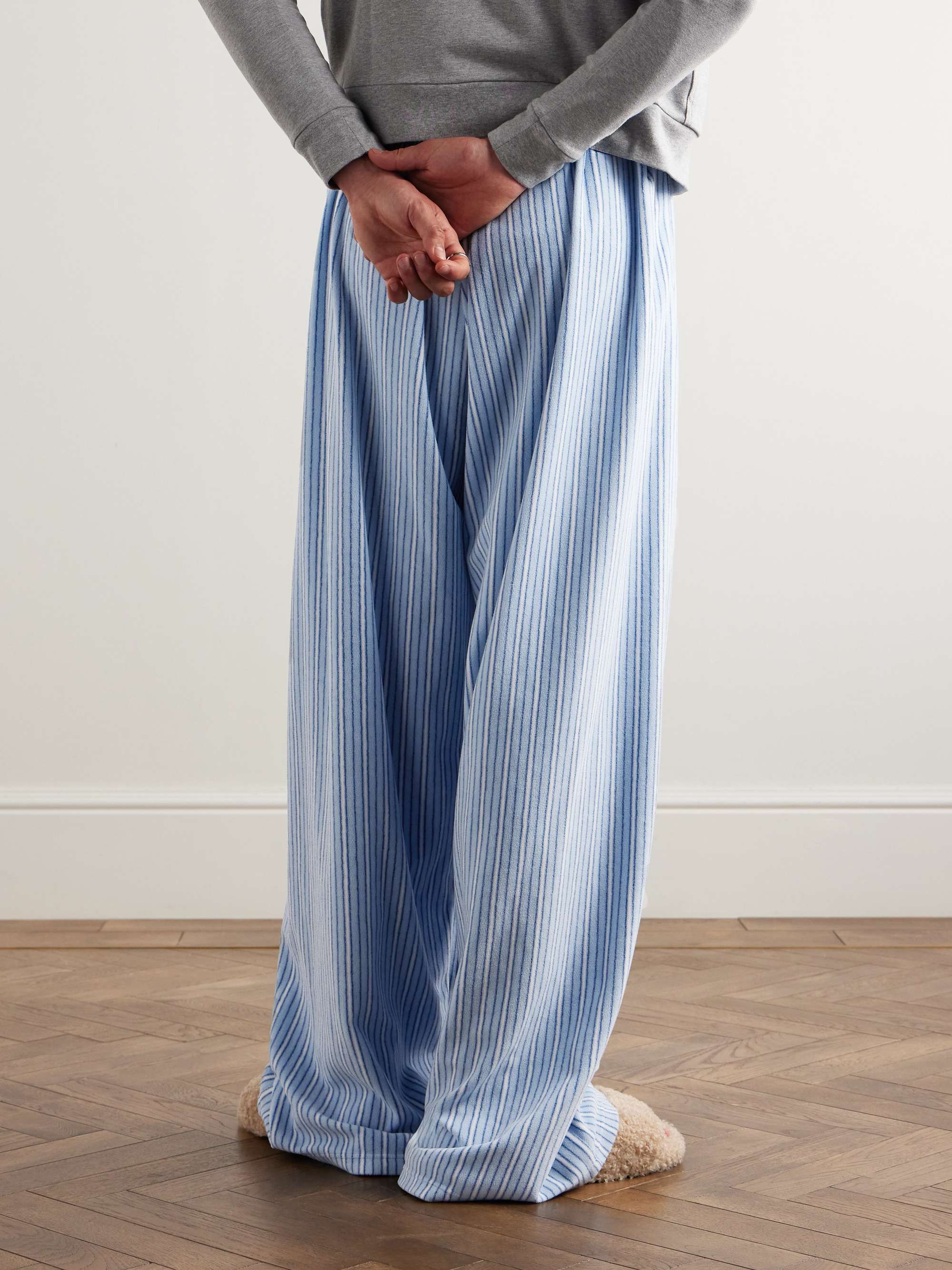 Wide-Leg Striped Fleece Drawstring Pyjama Trousers view