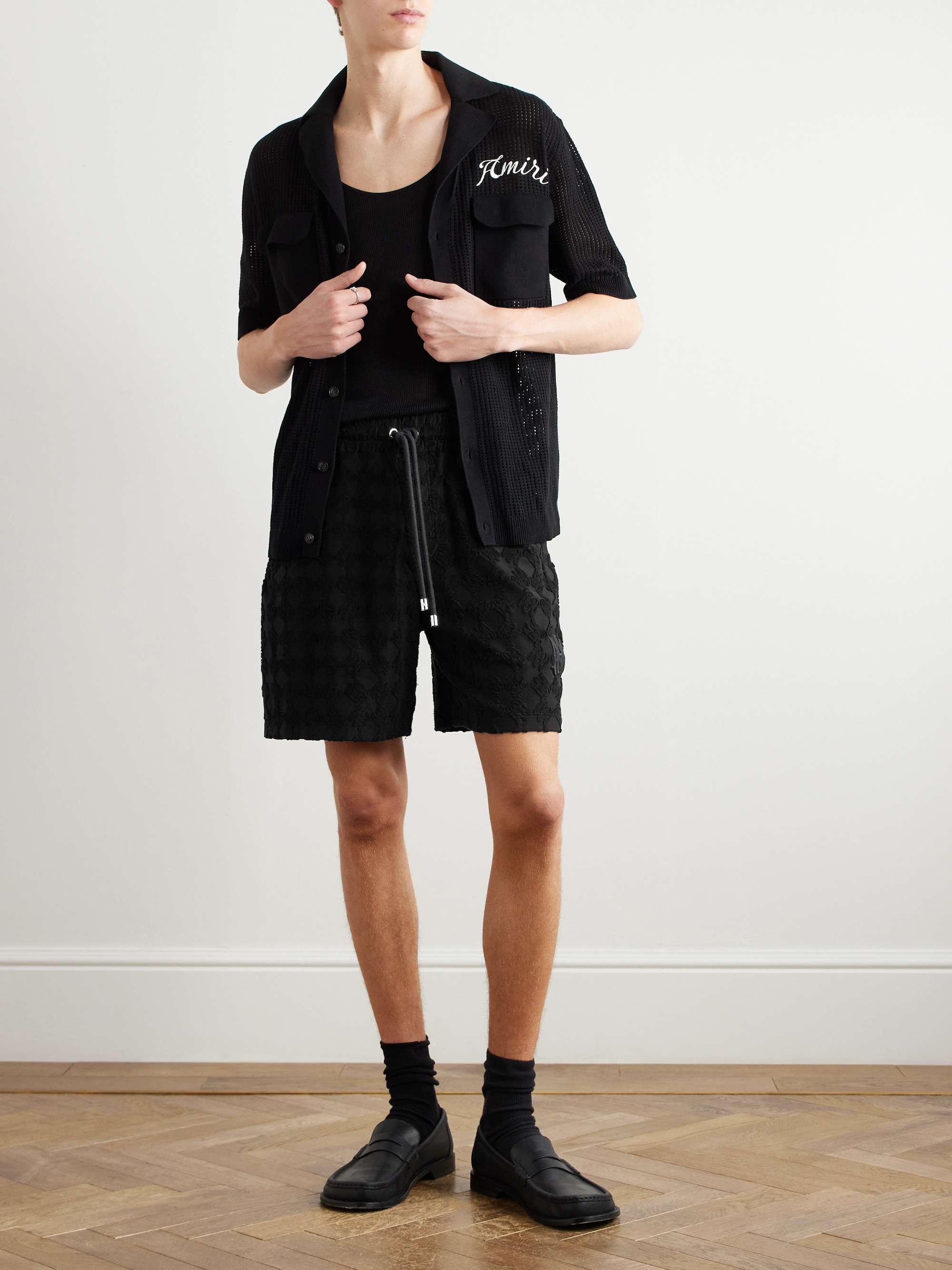 Straight-Leg Logo-Embroidered Cotton-Blend Terry-Jacquard Drawstring Shorts view