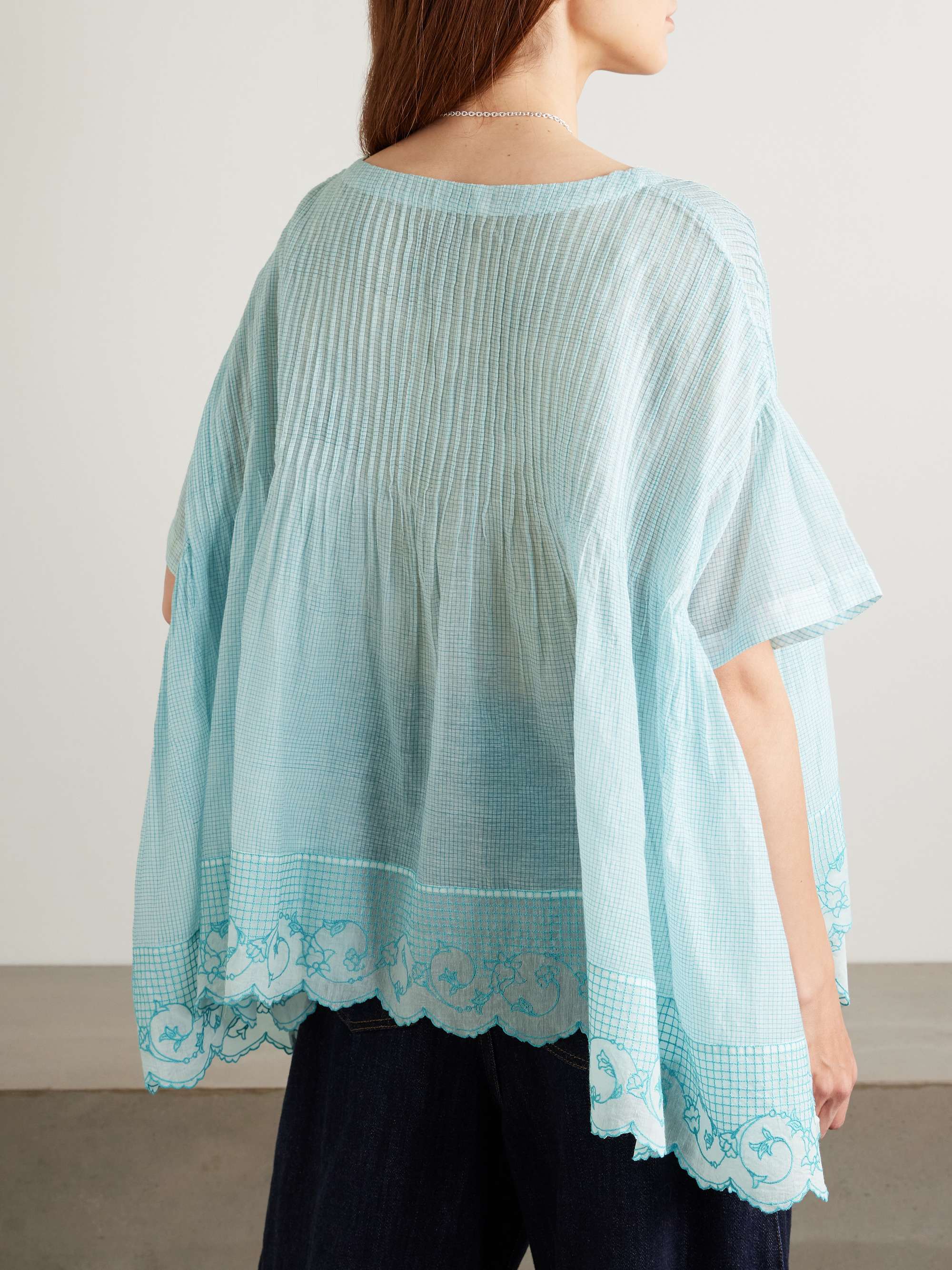 Cai pintucked embroidered checked cotton and silk-blend voile blouse view