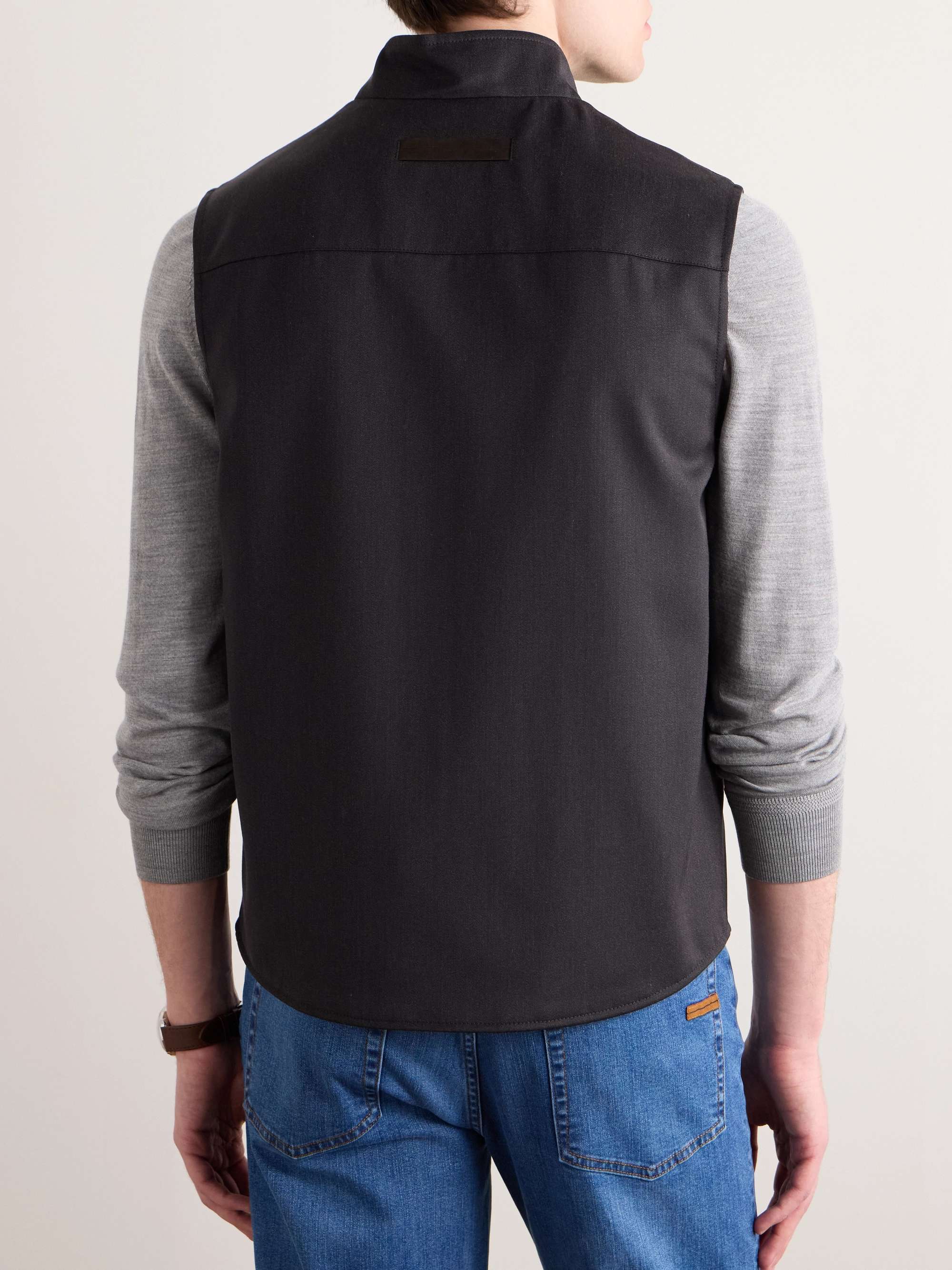 Leather-Trimmed Wool, Mohair and Silk-Blend Twill Gilet view