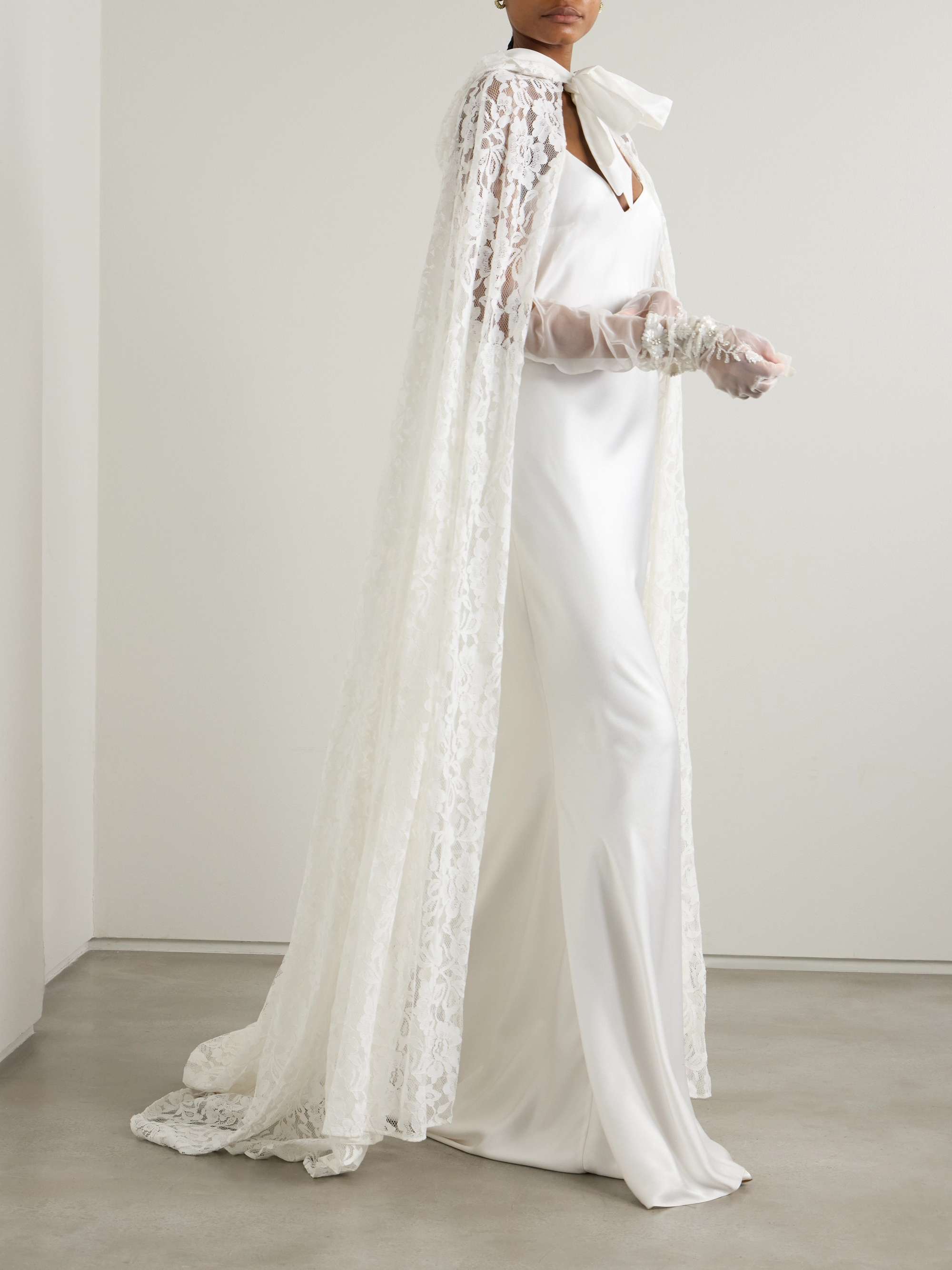 Dean hooded twill-trimmed lace cape view