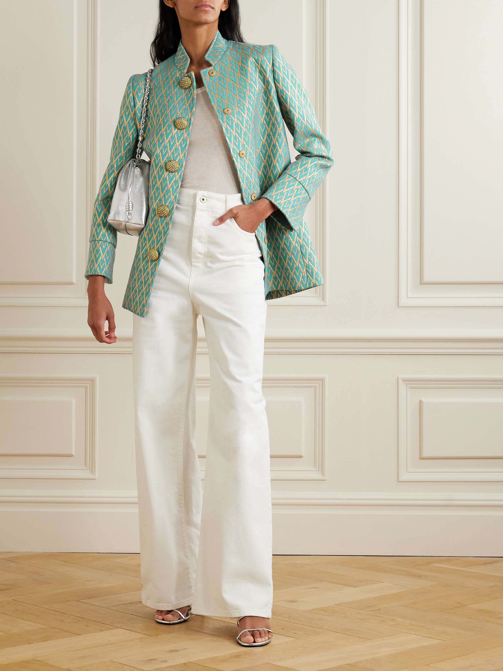 Crystal-embellished metallic wool-blend jacquard jacket view