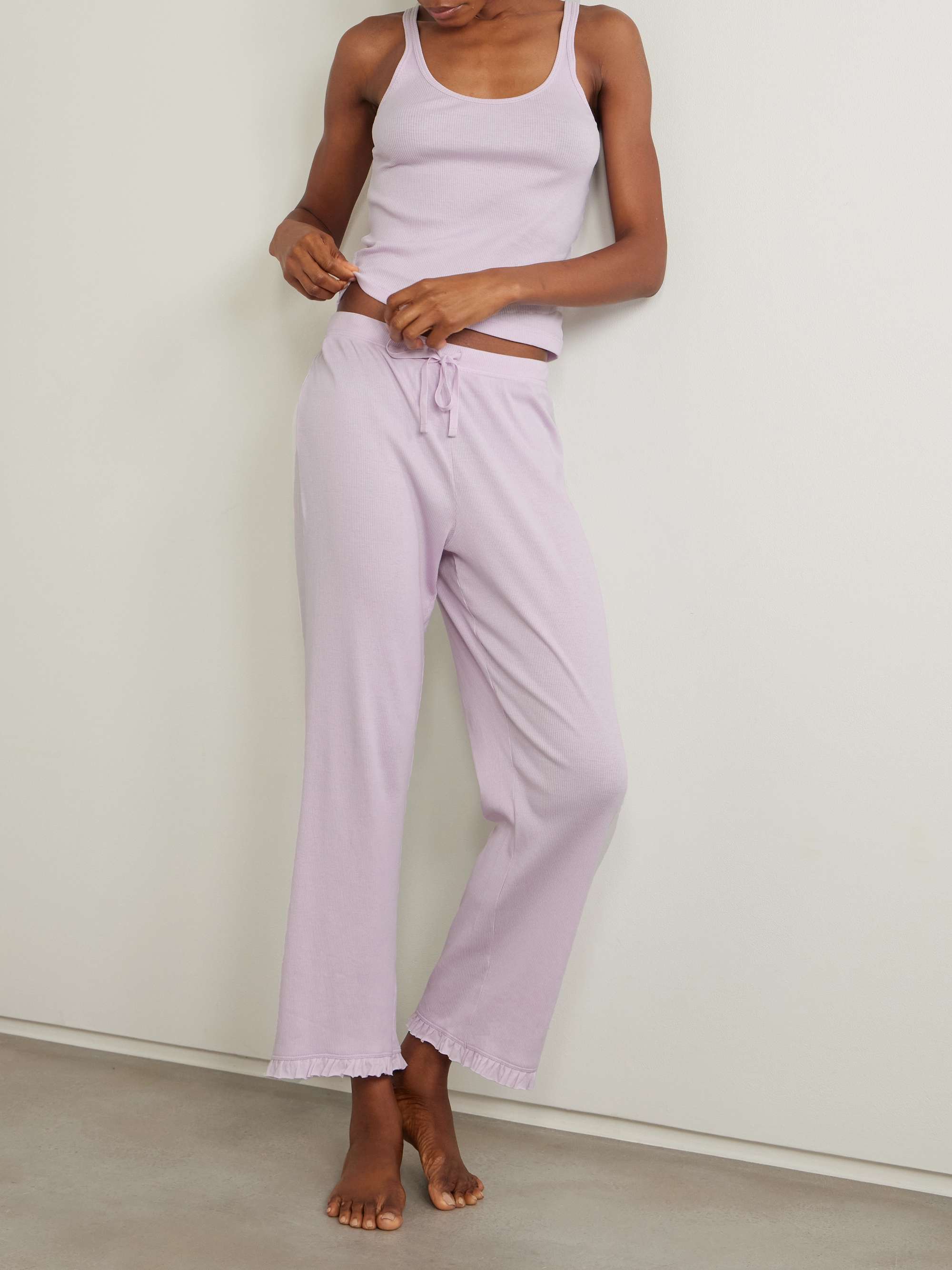 Raisa ruffled ribbed organic Pima cotton-jersey pajama set view
