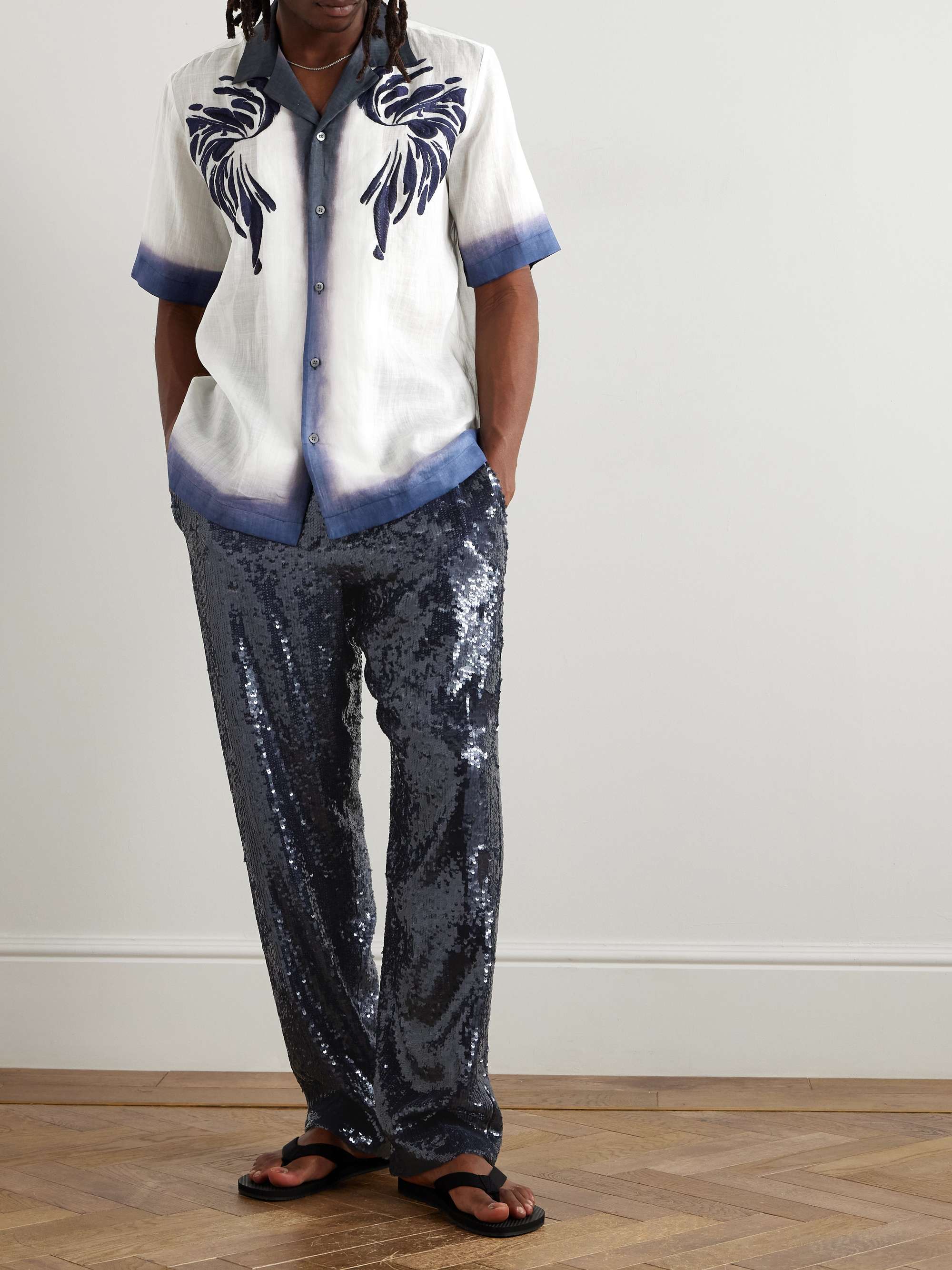 Camp-Collar Embroidered Dégradé Ramie Shirt view