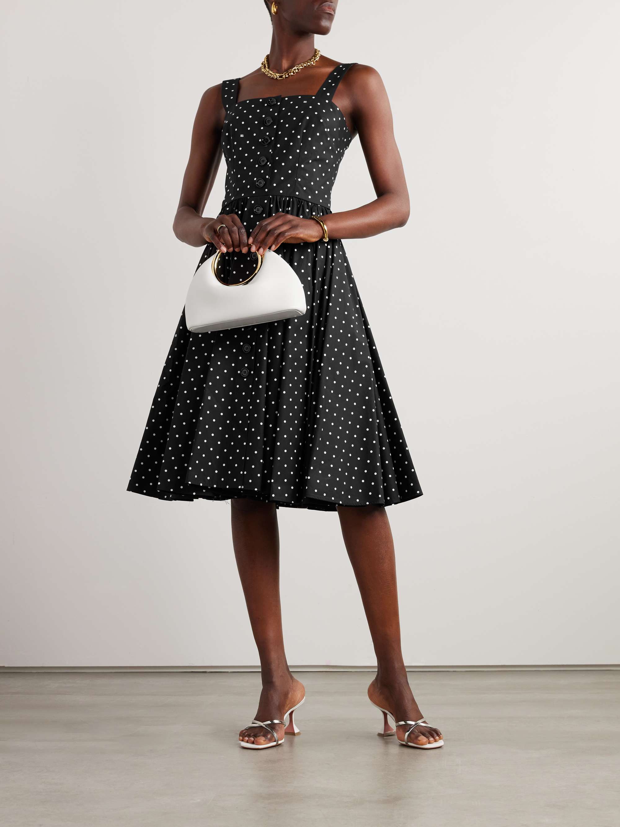 Gathered polka-dot cotton-poplin midi dress view
