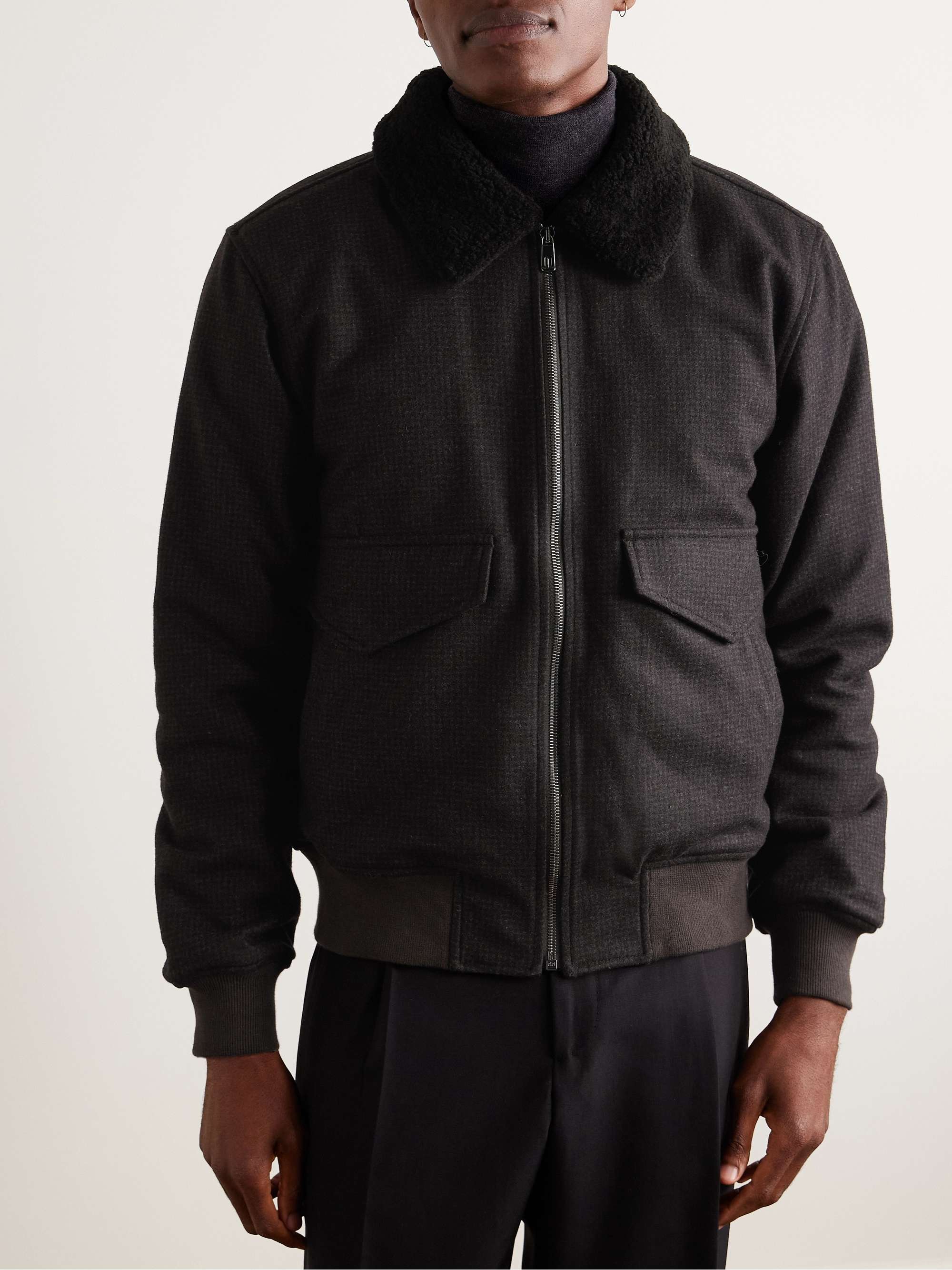Shearling-Trimmed Puppytooth Virgin Wool-Flannel Blouson Jacket view