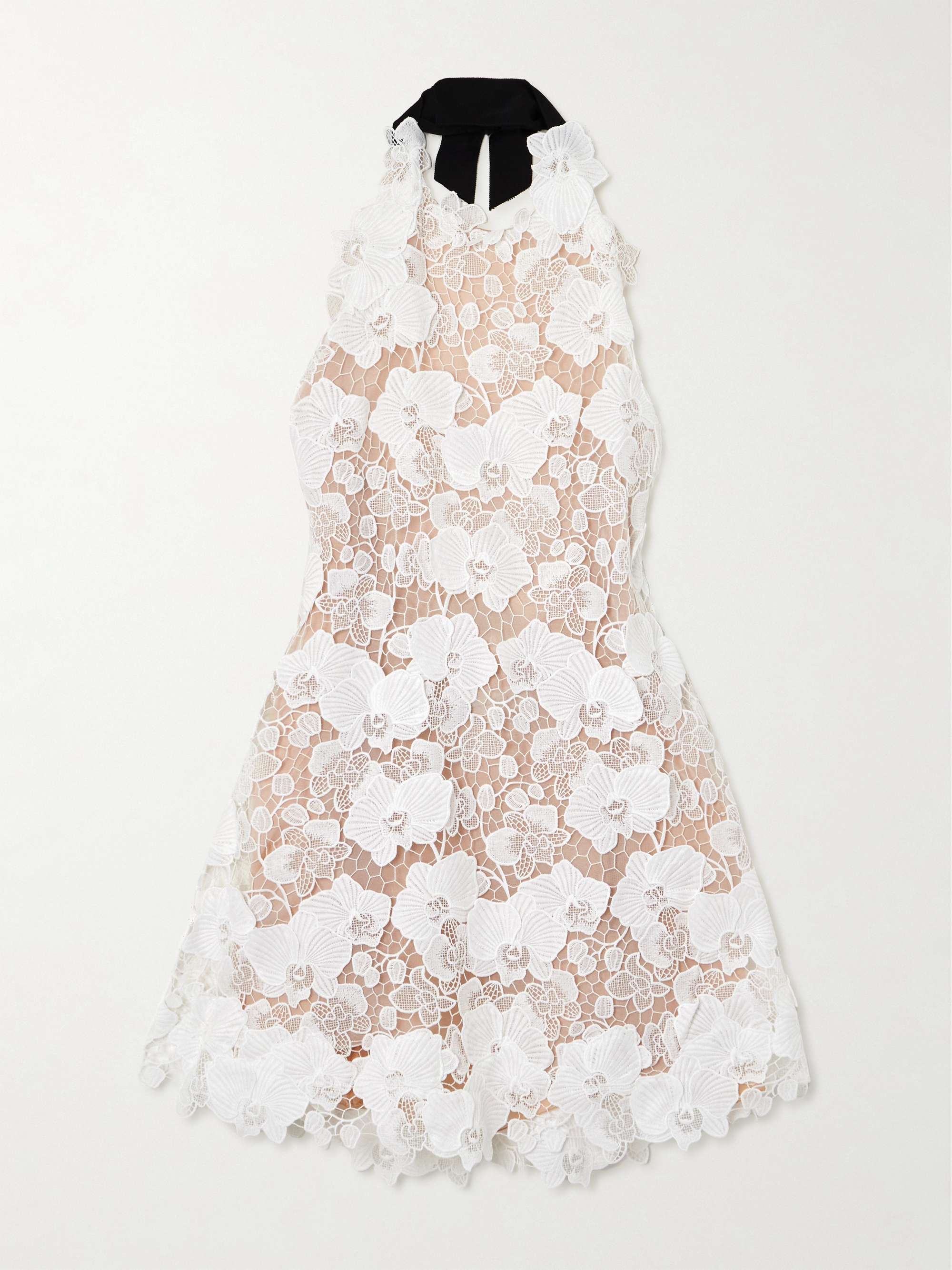 Halterneck grosgrain-trimmed guipure lace mini dress view