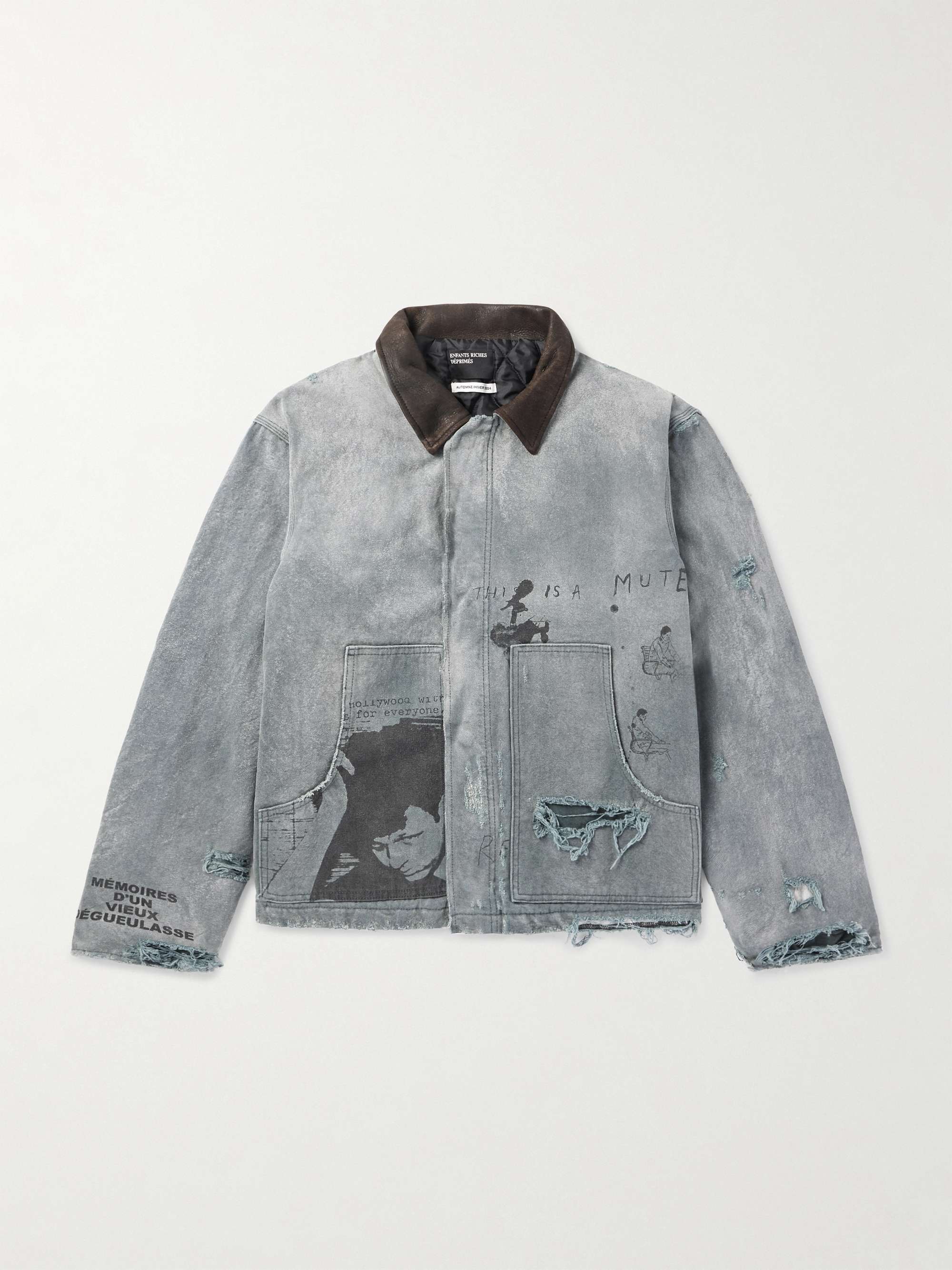 Leather-Trimmed Distressed Printed Cotton-Canvas Jacket view