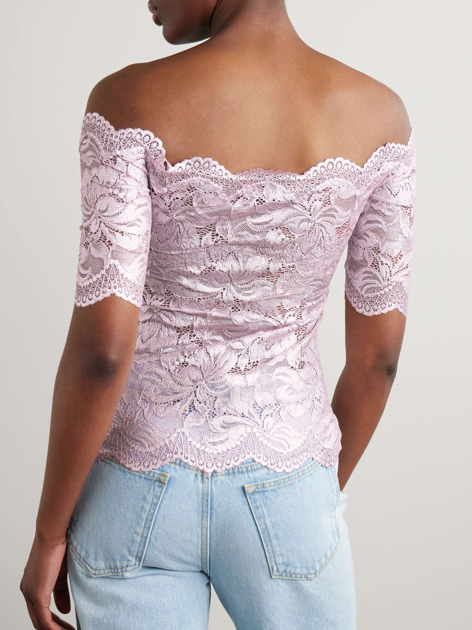 Off-the-shoulder metallic stretch-lace top view