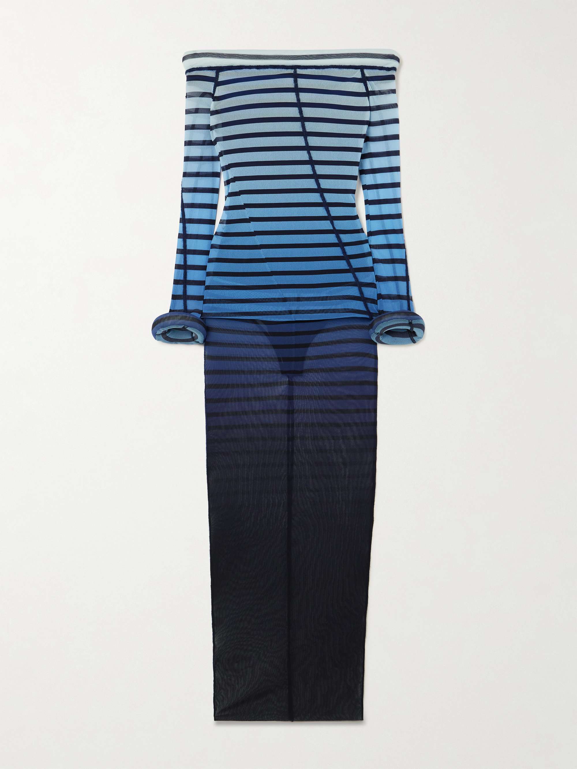 Off-the-shoulder padded striped stretch-mesh maxi dress view