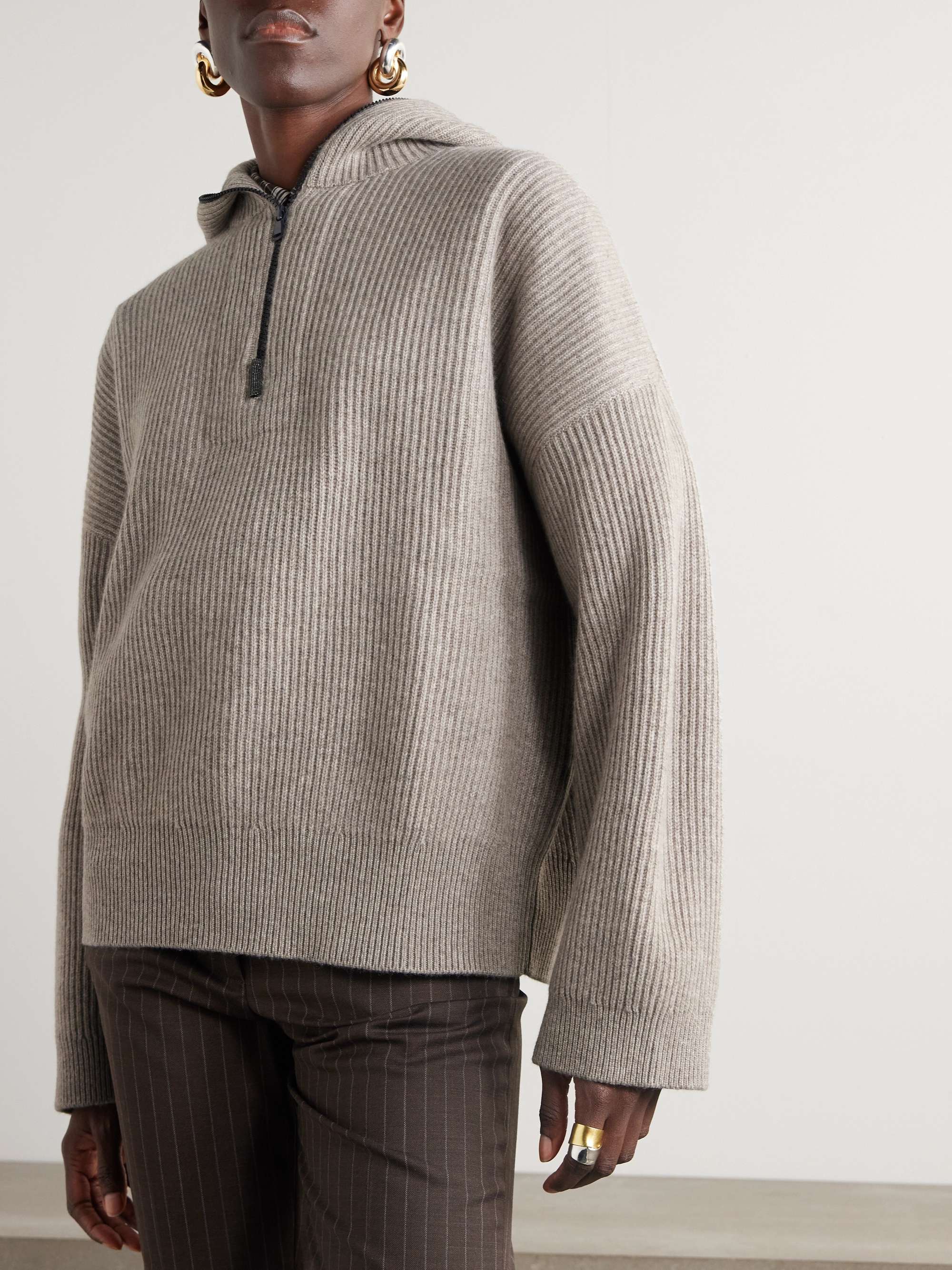 Hooded ribbed cashmere half-zip sweater view