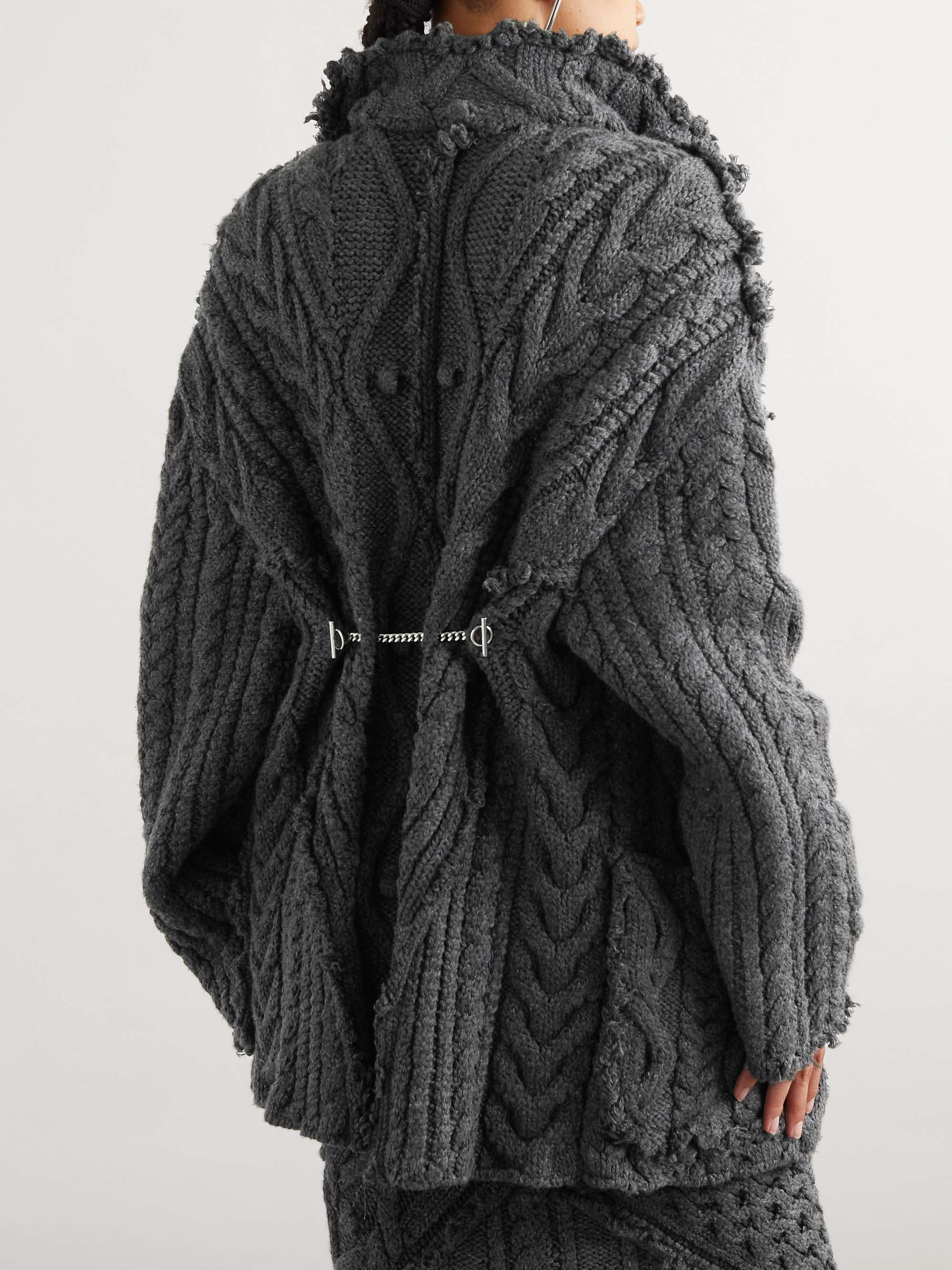 Distressed embellished cable-knit wool-blend cardigan view