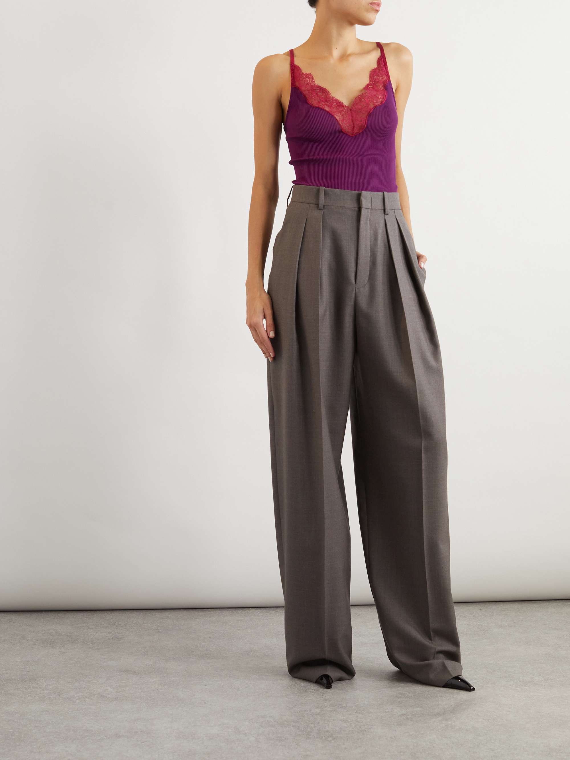 Lace-trimmed ribbed silk tank view