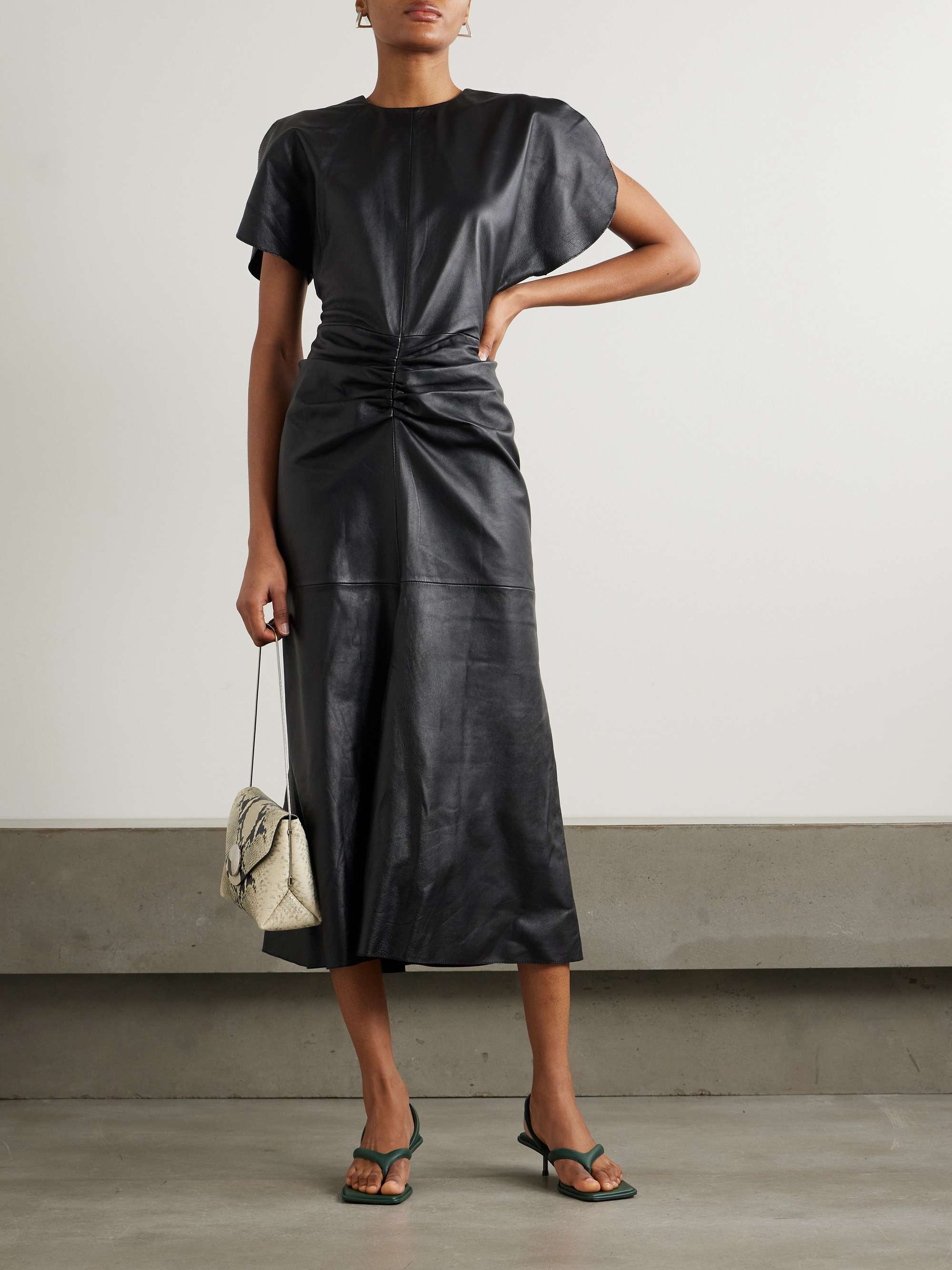 Gathered leather midi dress view
