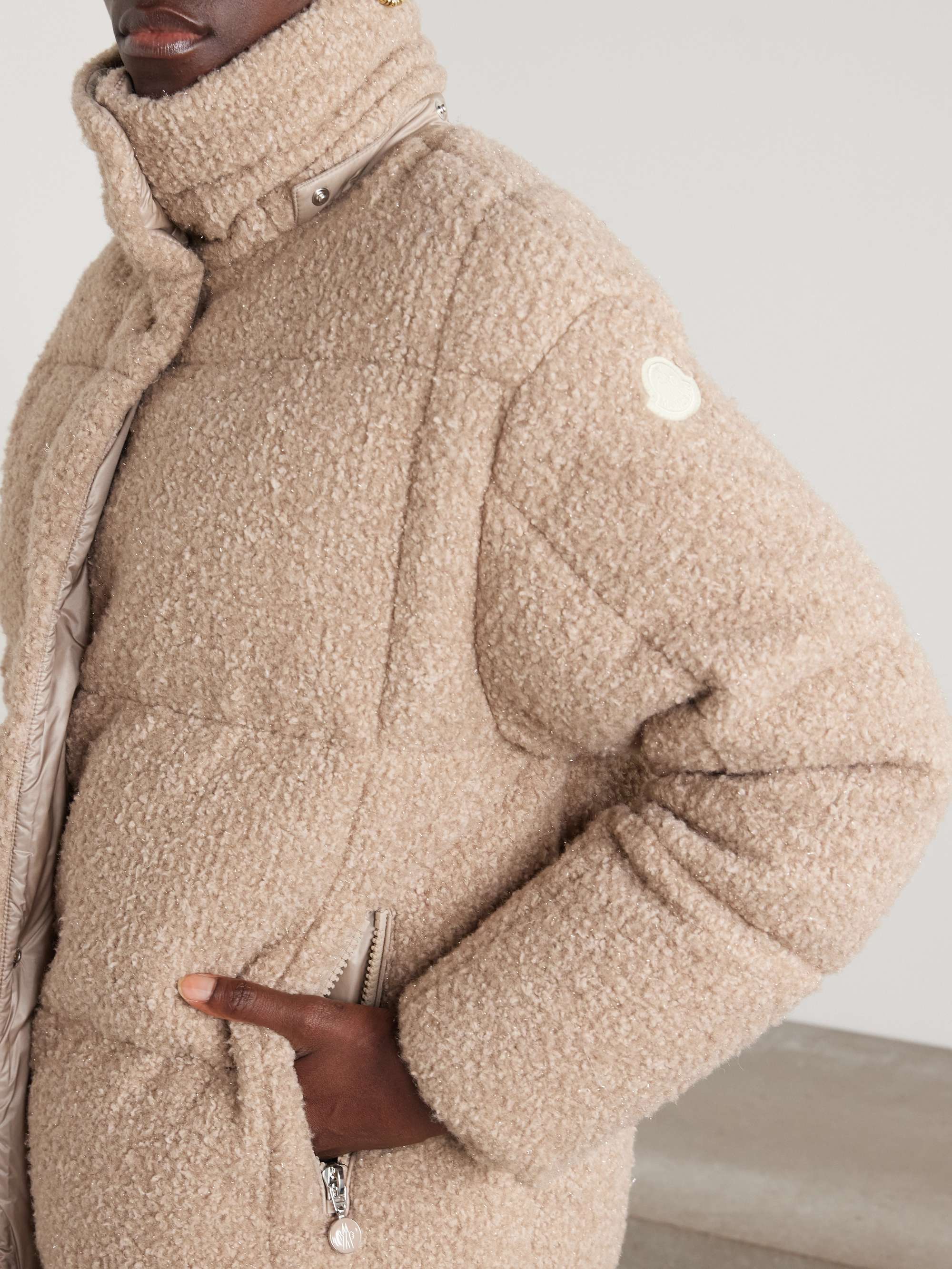 Appliquéd quilted metallic bouclé hooded down jacket view