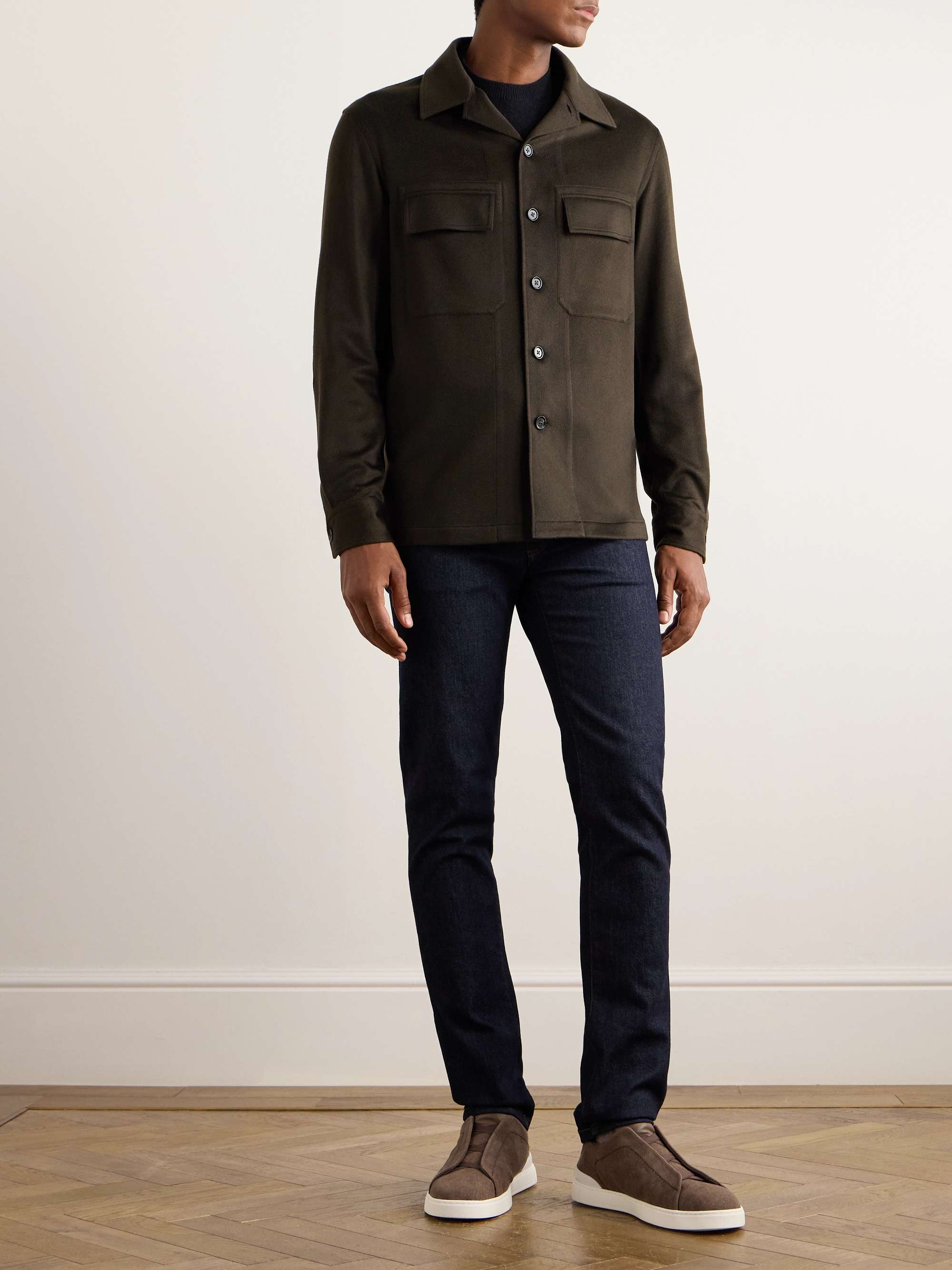Camp-Collar Logo-Appliquéd Leather-Trimmed Oasi Cashmere Overshirt view