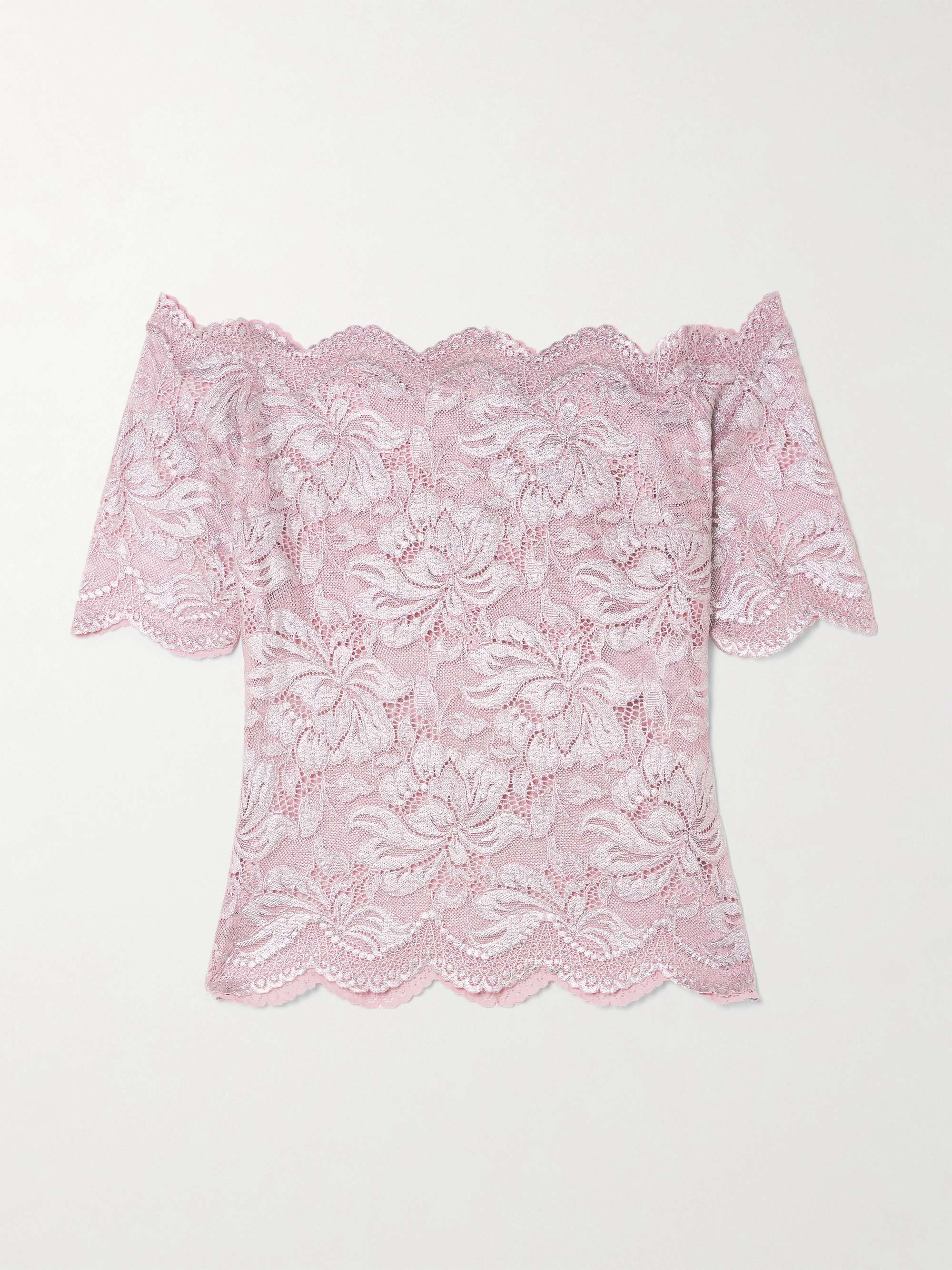 Off-the-shoulder metallic stretch-lace top view