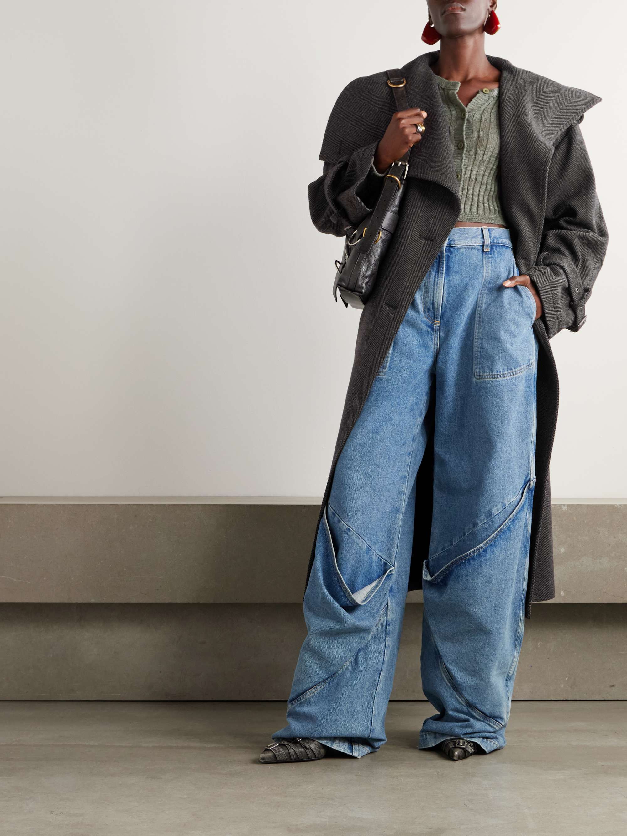 Oversized belted herringbone wool-blend coat view