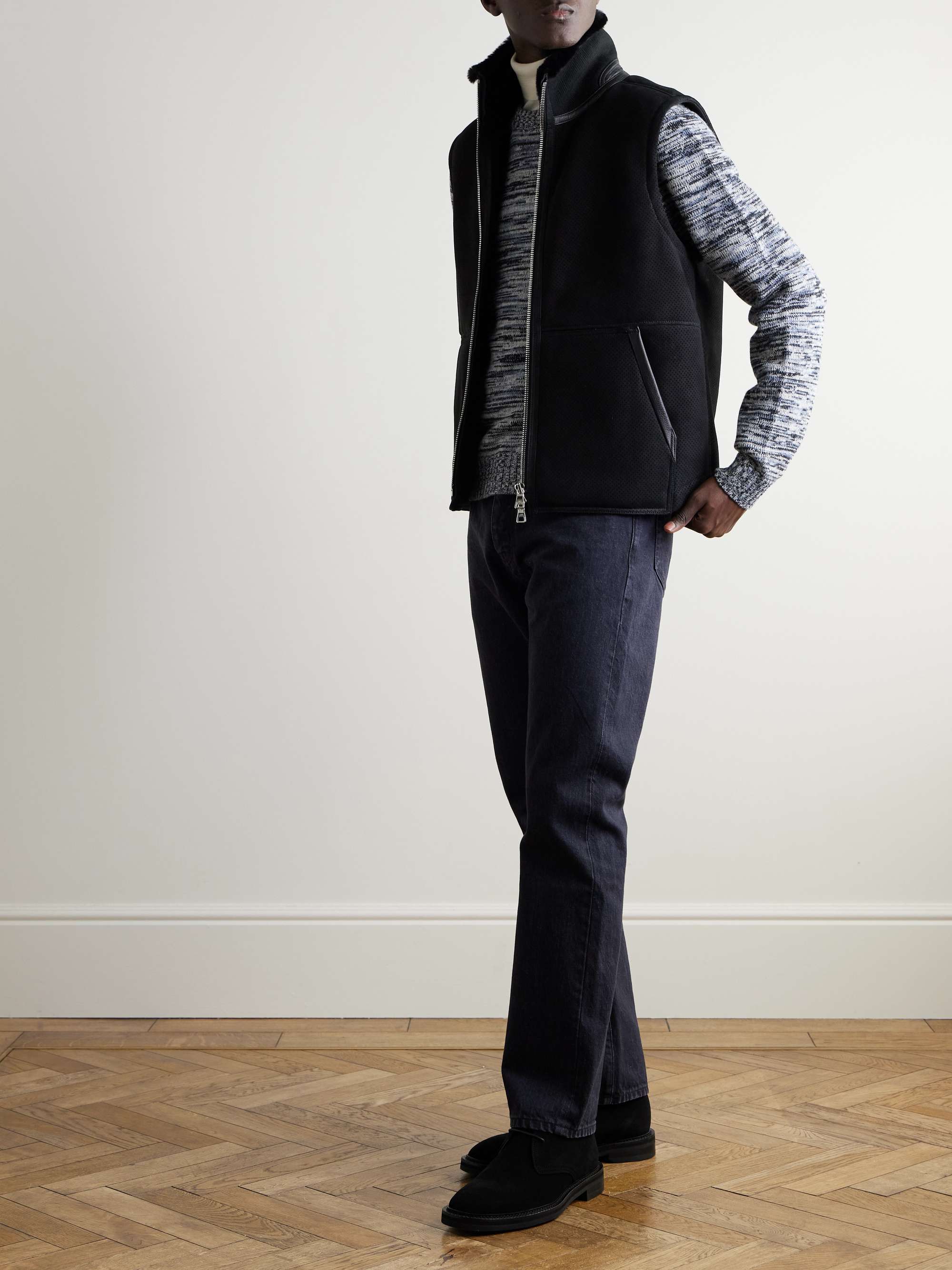 Full-Grain Leather-Trimmed Perforated Shearling Gilet view