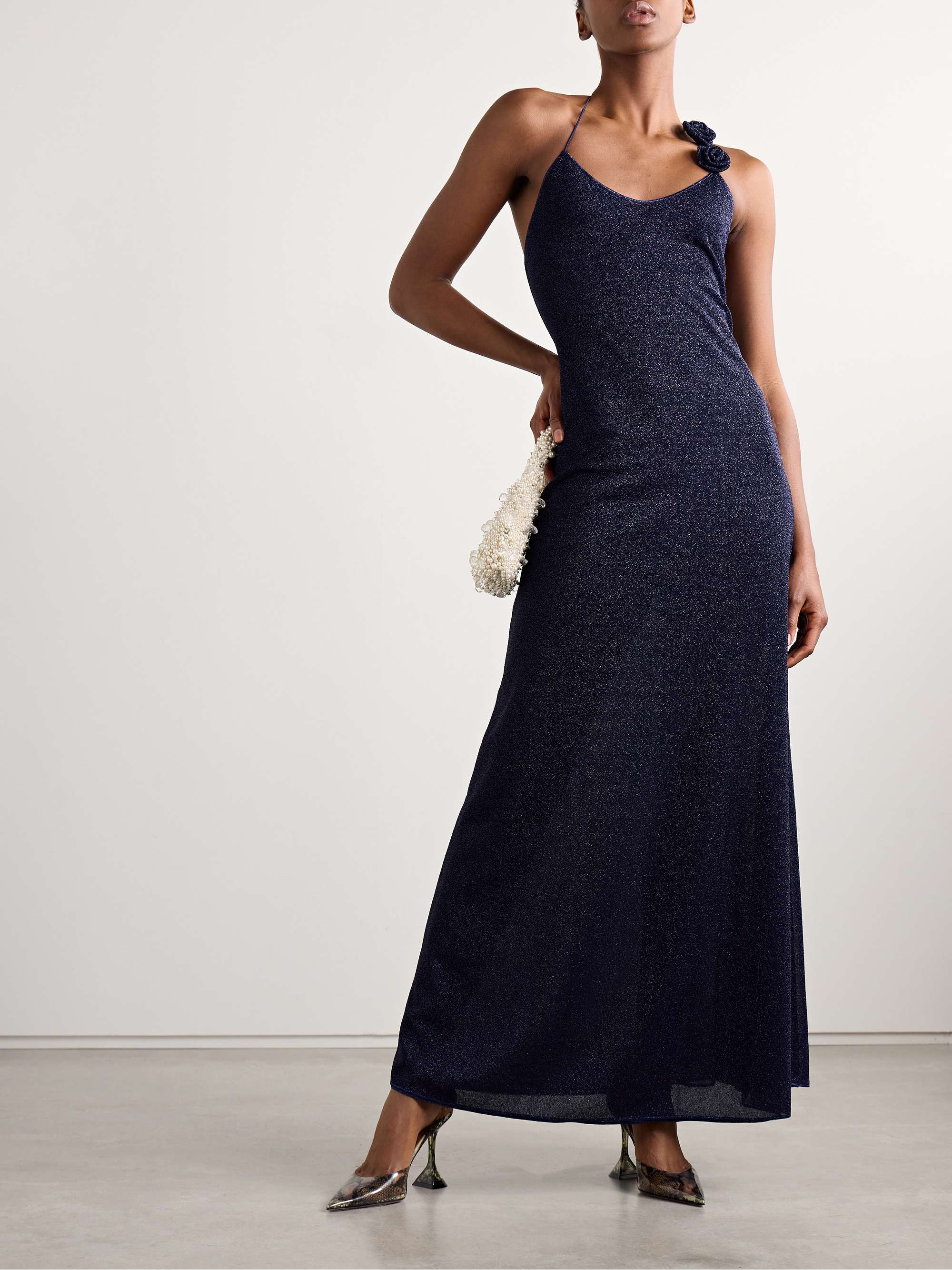 Lumière appliquéd metallic stretch-knit halterneck maxi dress view