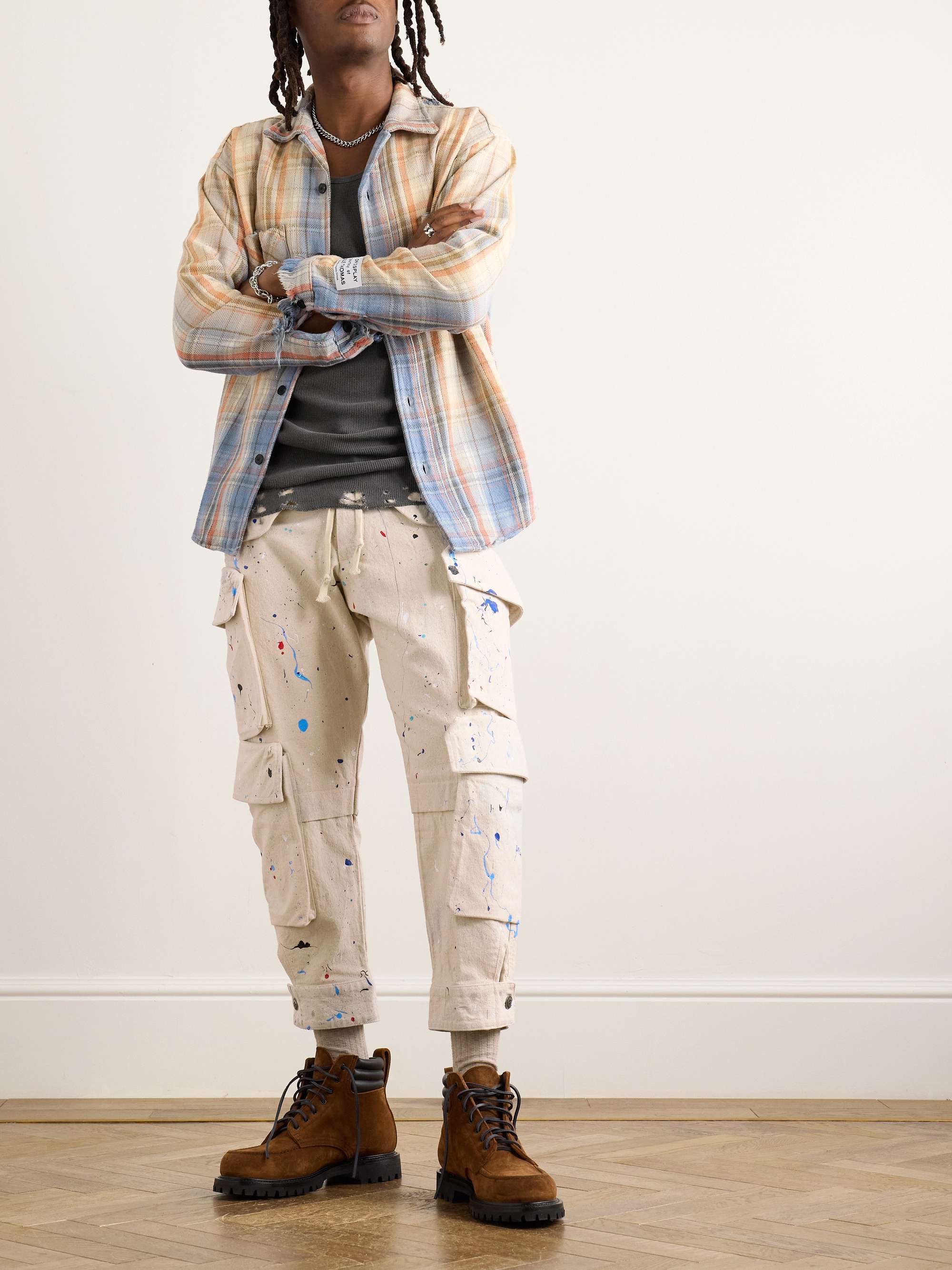 Tapered Cropped Paint-Splattered Cotton-Canvas Drawstring Cargo Trousers view