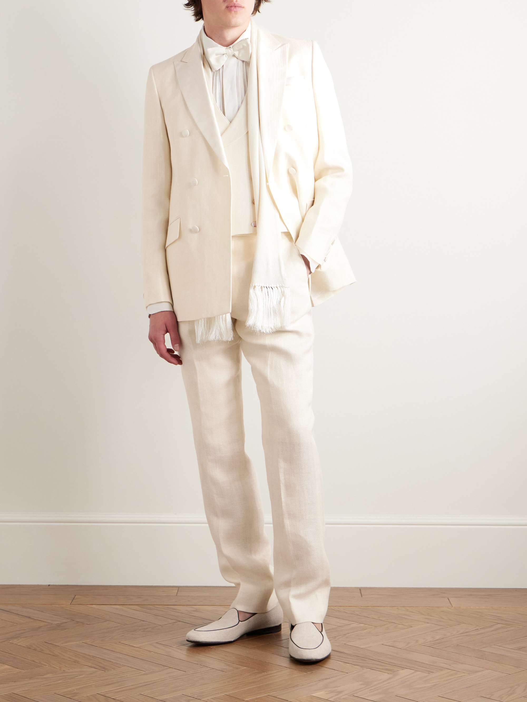 Double-Breasted Herringbone Linen and Silk-Blend Tuxedo Jacket view