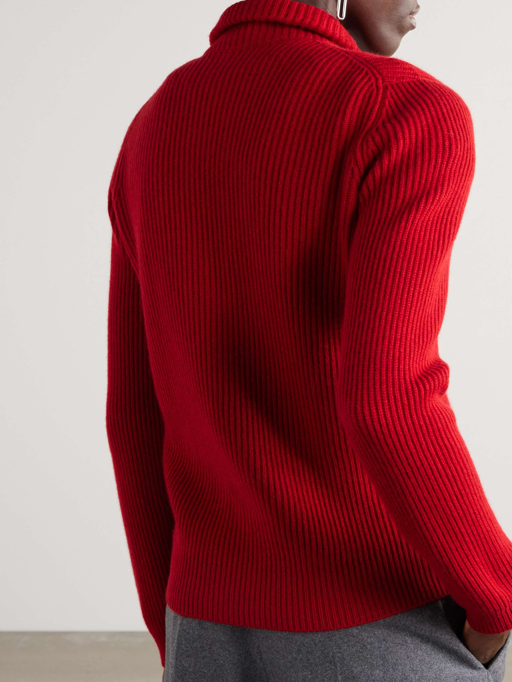 Bead-embellished turtleneck ribbed cashmere polo sweater view
