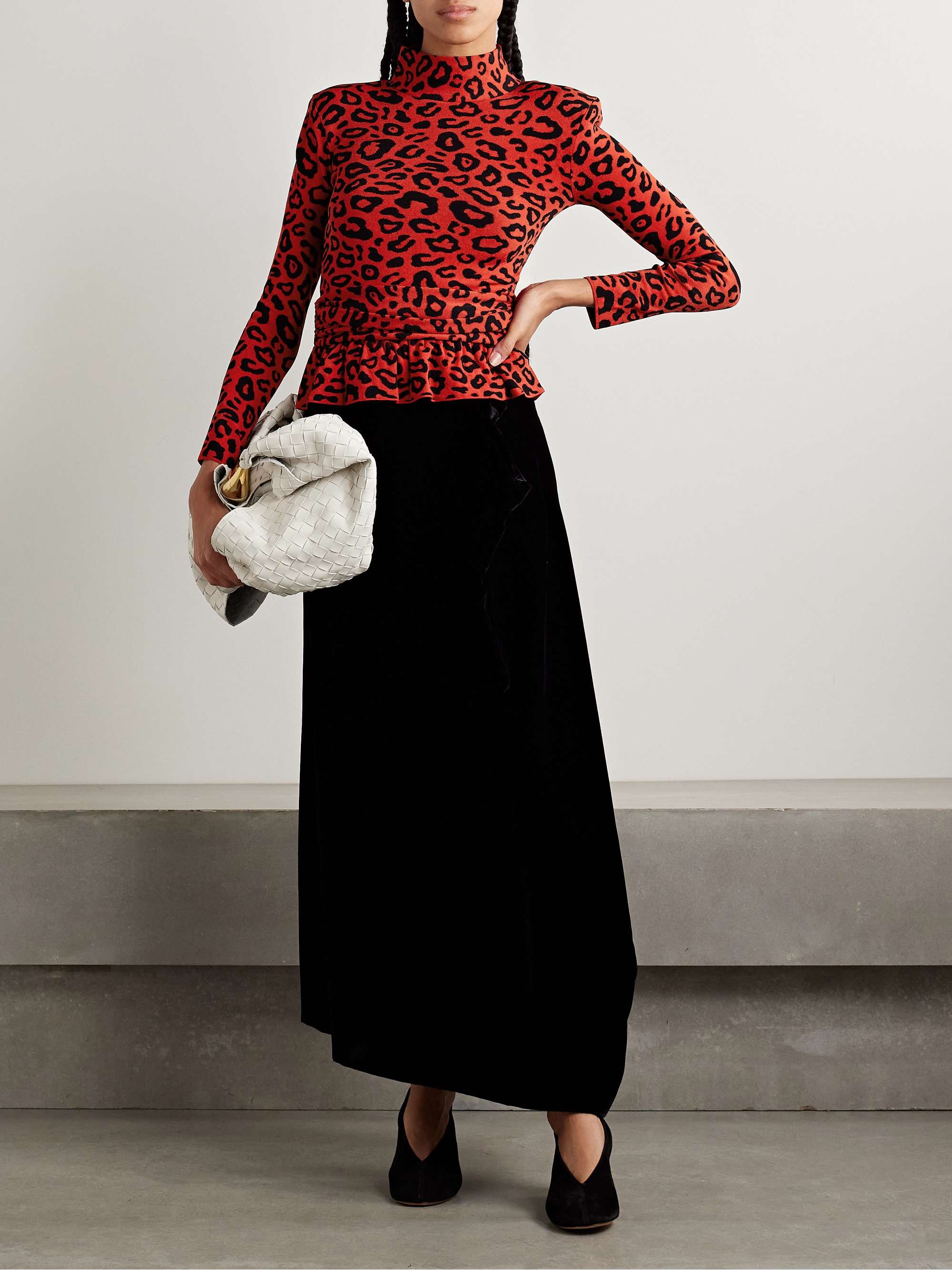 Ruched jacquard-knit peplum top view