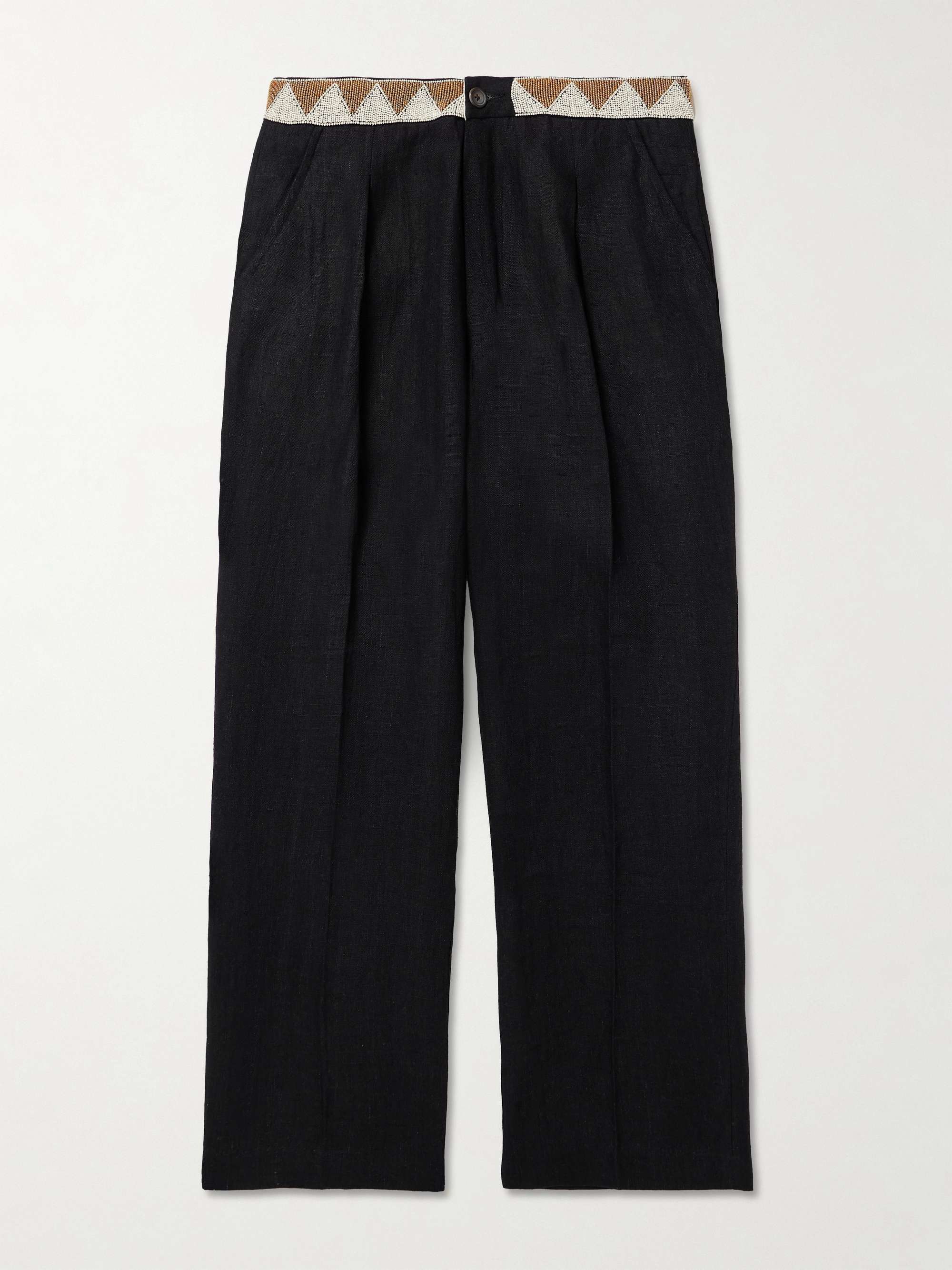 Wide-Leg Embellished Pleated Linen Trousers view
