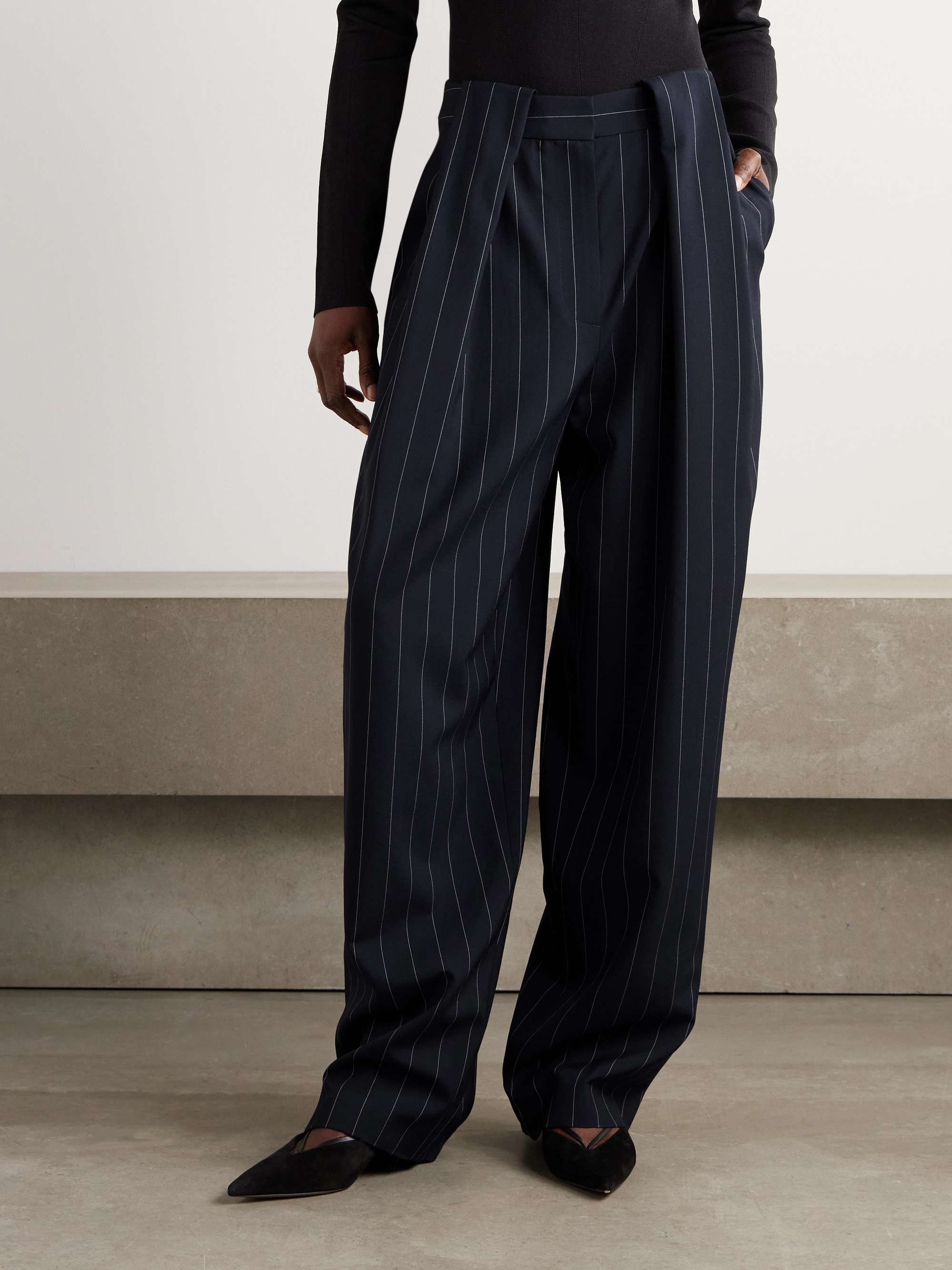 Paneled pinstriped wool-blend wide-leg pants view