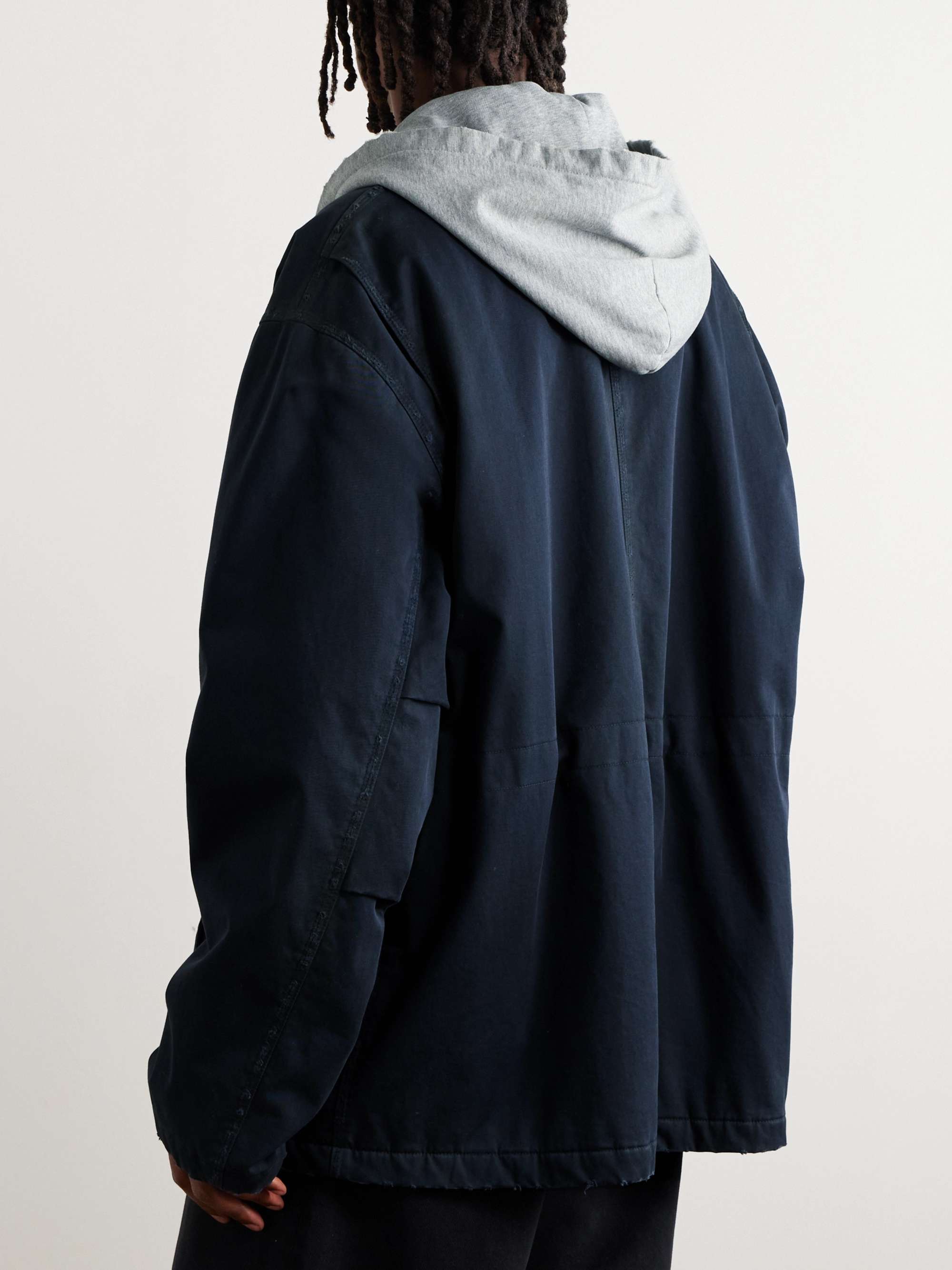 Oversized Jersey-Trimmed Distressed Organic Cotton-Blend Gabardine Parka view