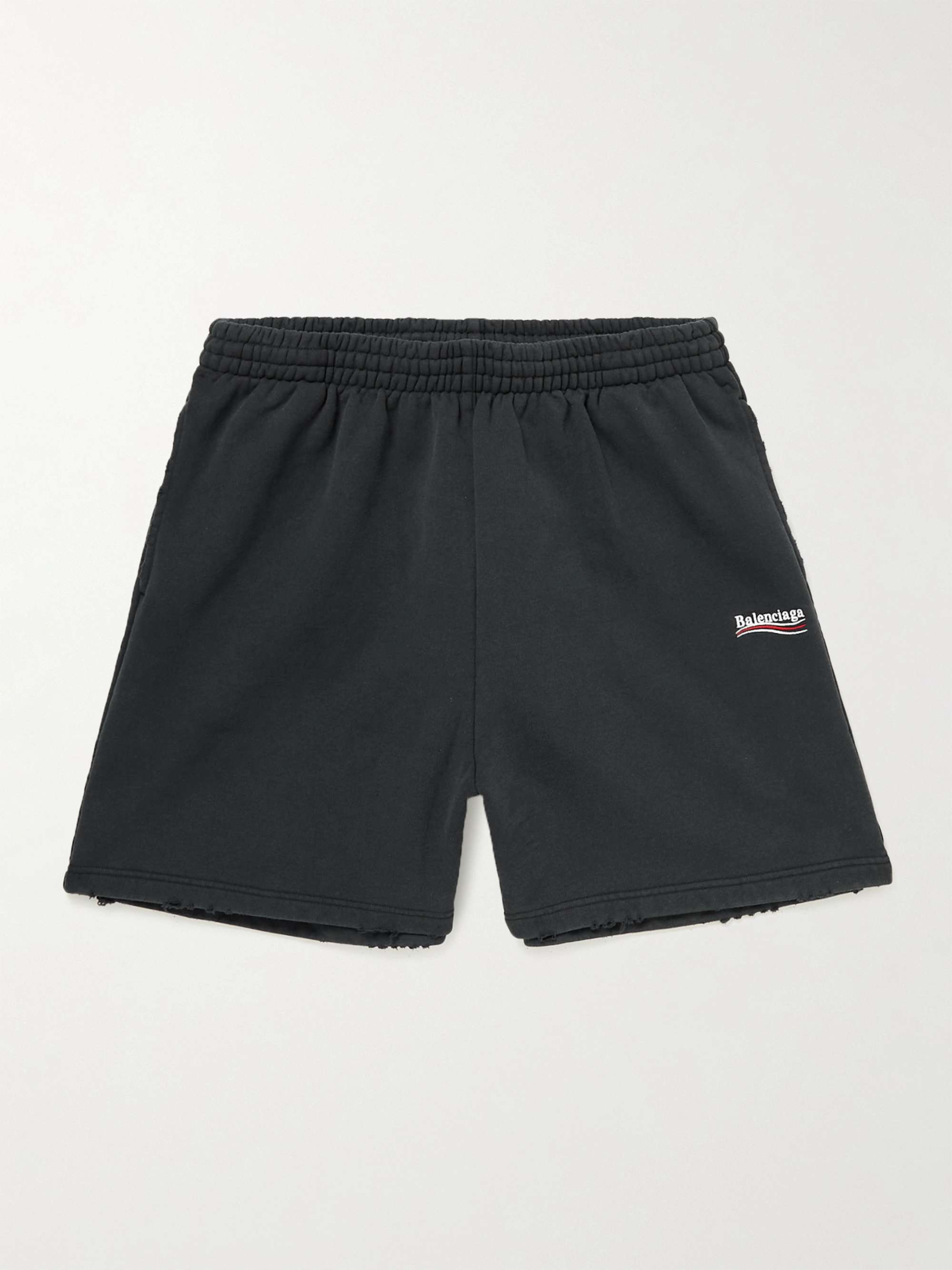 Wide-Leg Logo-Embroidered Distressed Cotton-Jersey Shorts view