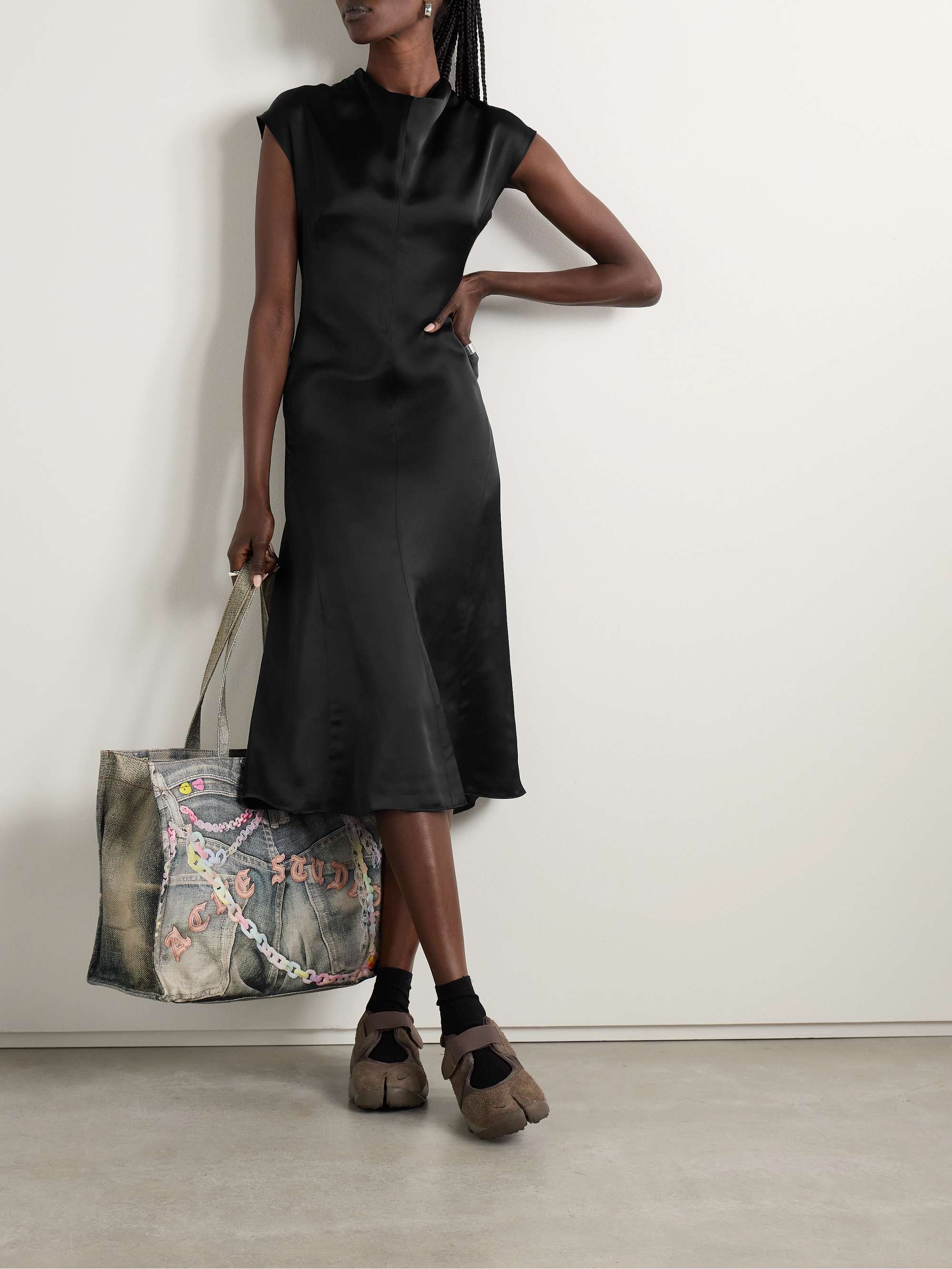 Draped silk-satin midi dress view