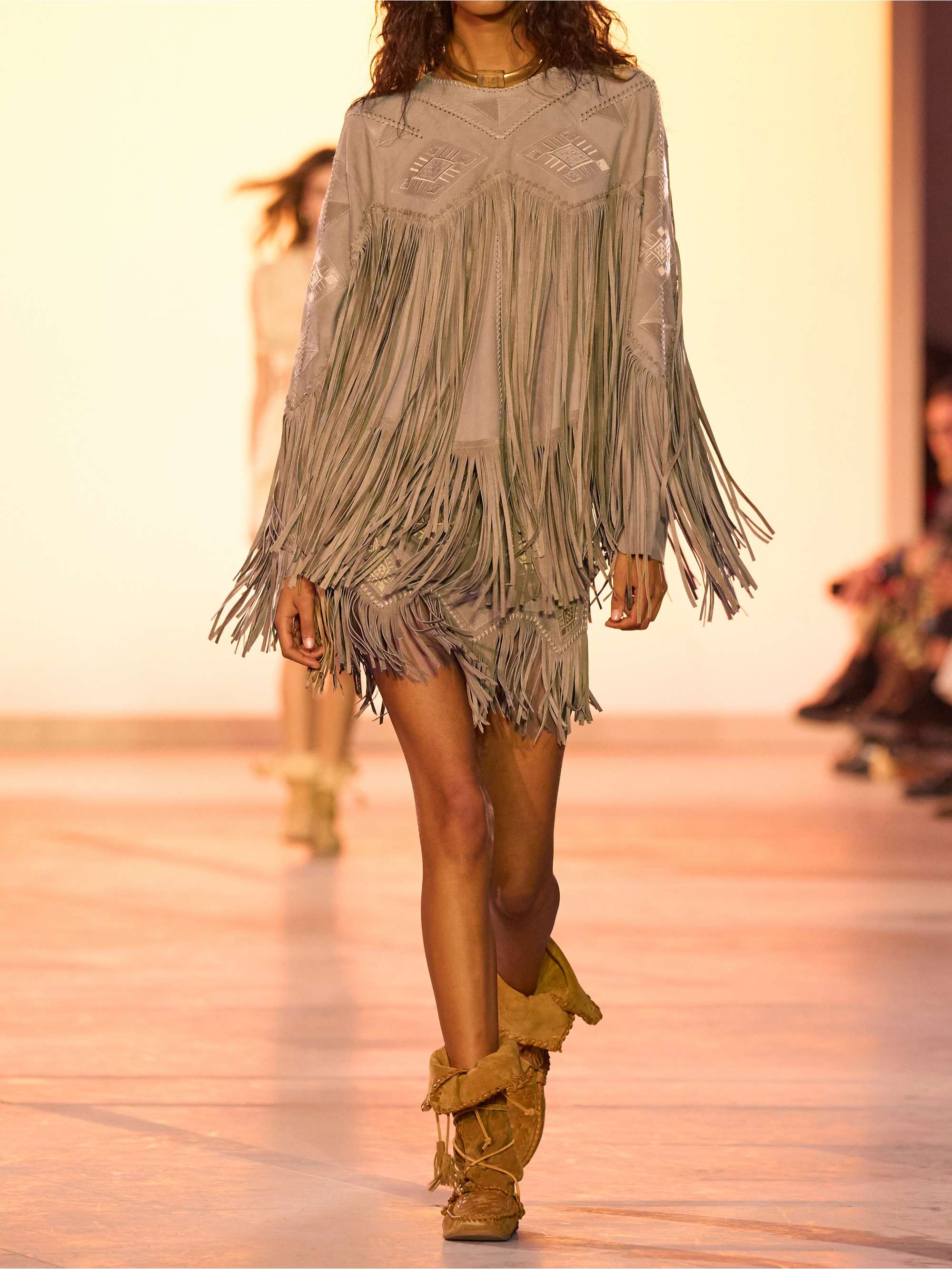 Dolci fringed leather-trimmed embroidered suede top view