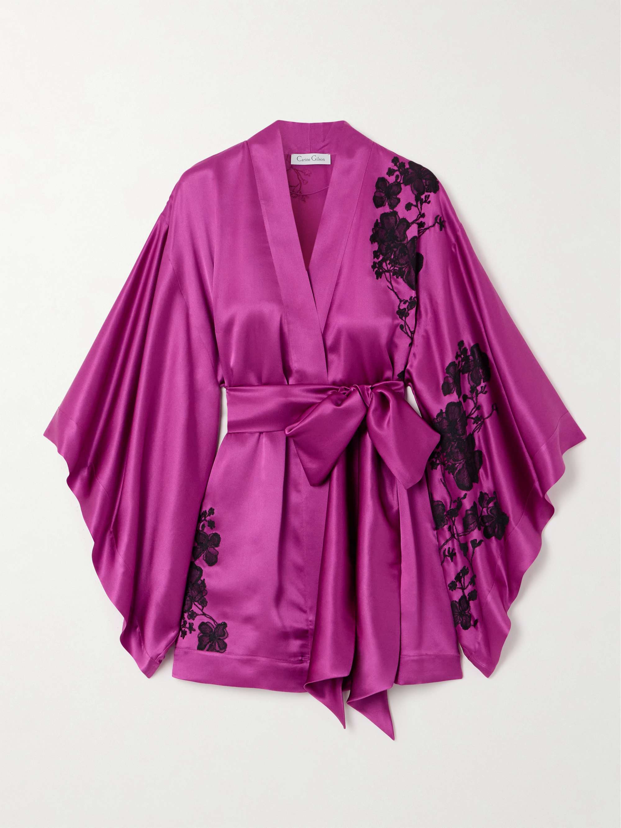 Belted lace-trimmed silk-satin robe view
