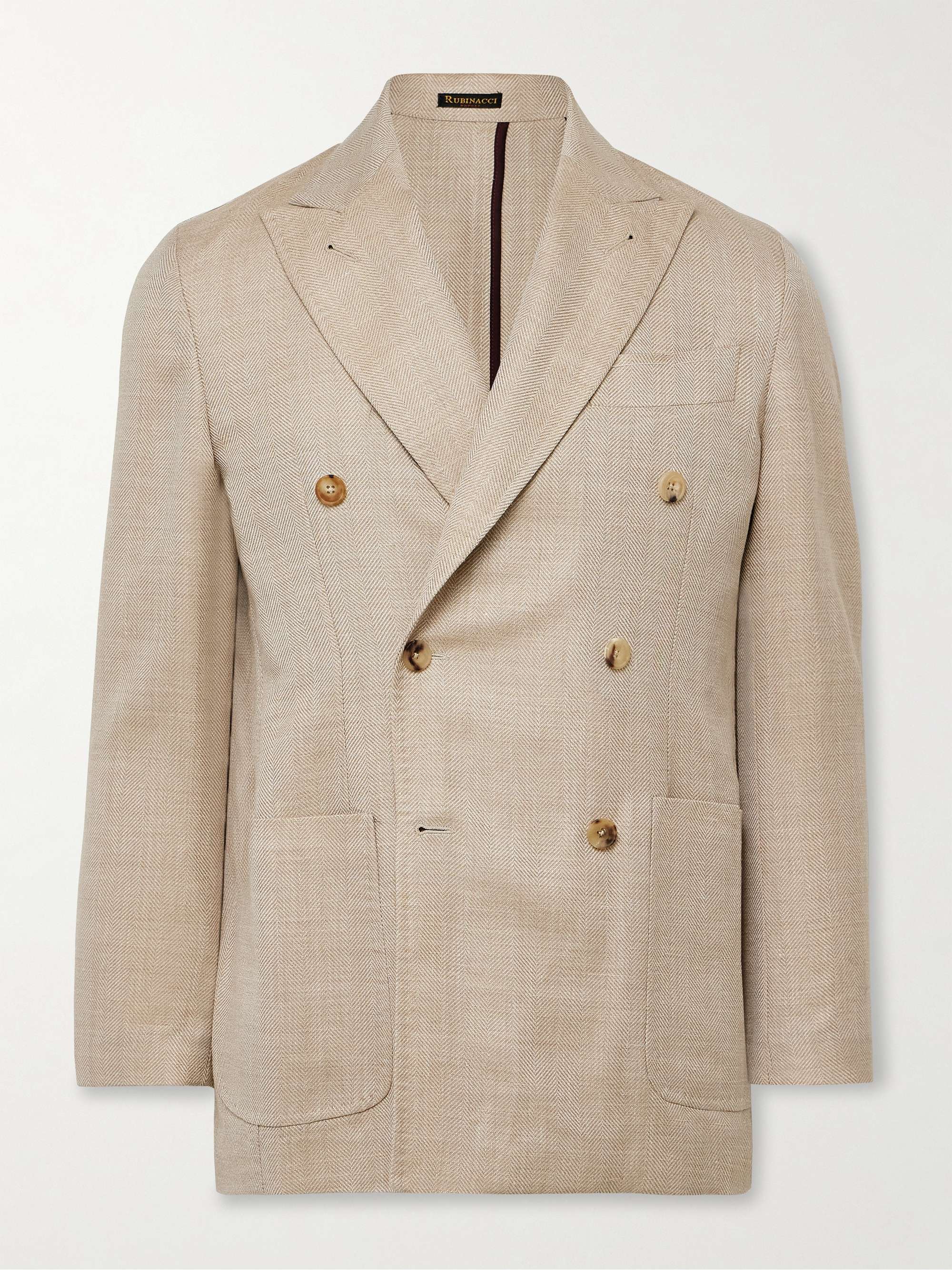Unstructured Double-Breasted Herringbone Virgin Wool, Silk and Linen-Blend Blazer view