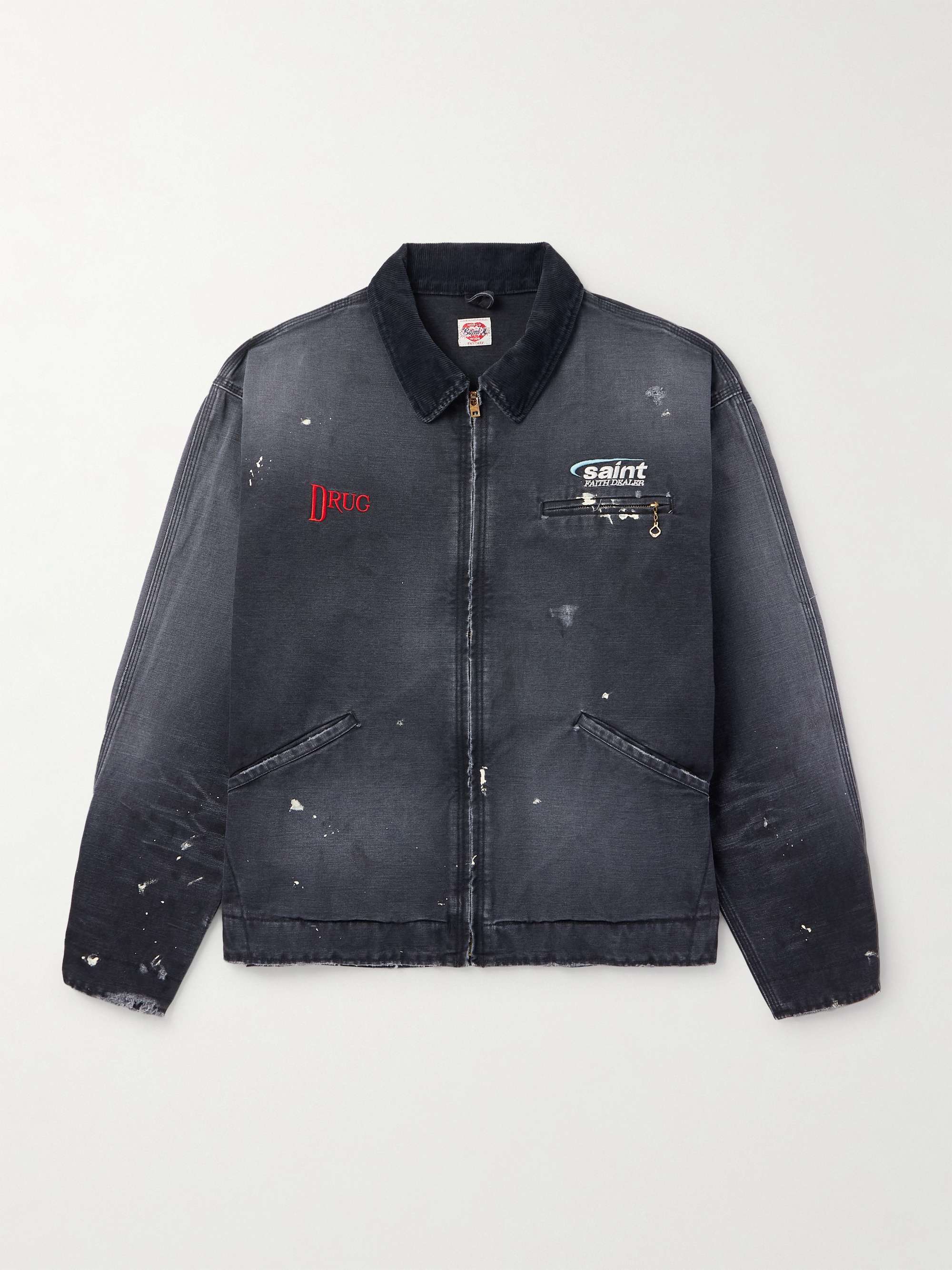 Corduroy-Trimmed Logo-Embroidered Distressed Cotton-Canvas Jacket view