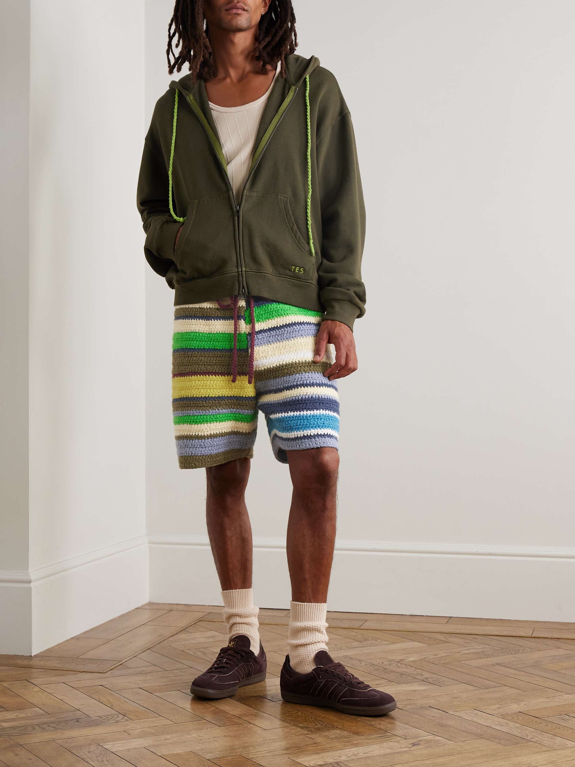 Straight-Leg Striped Crocheted Organic Cotton Drawstring Shorts view