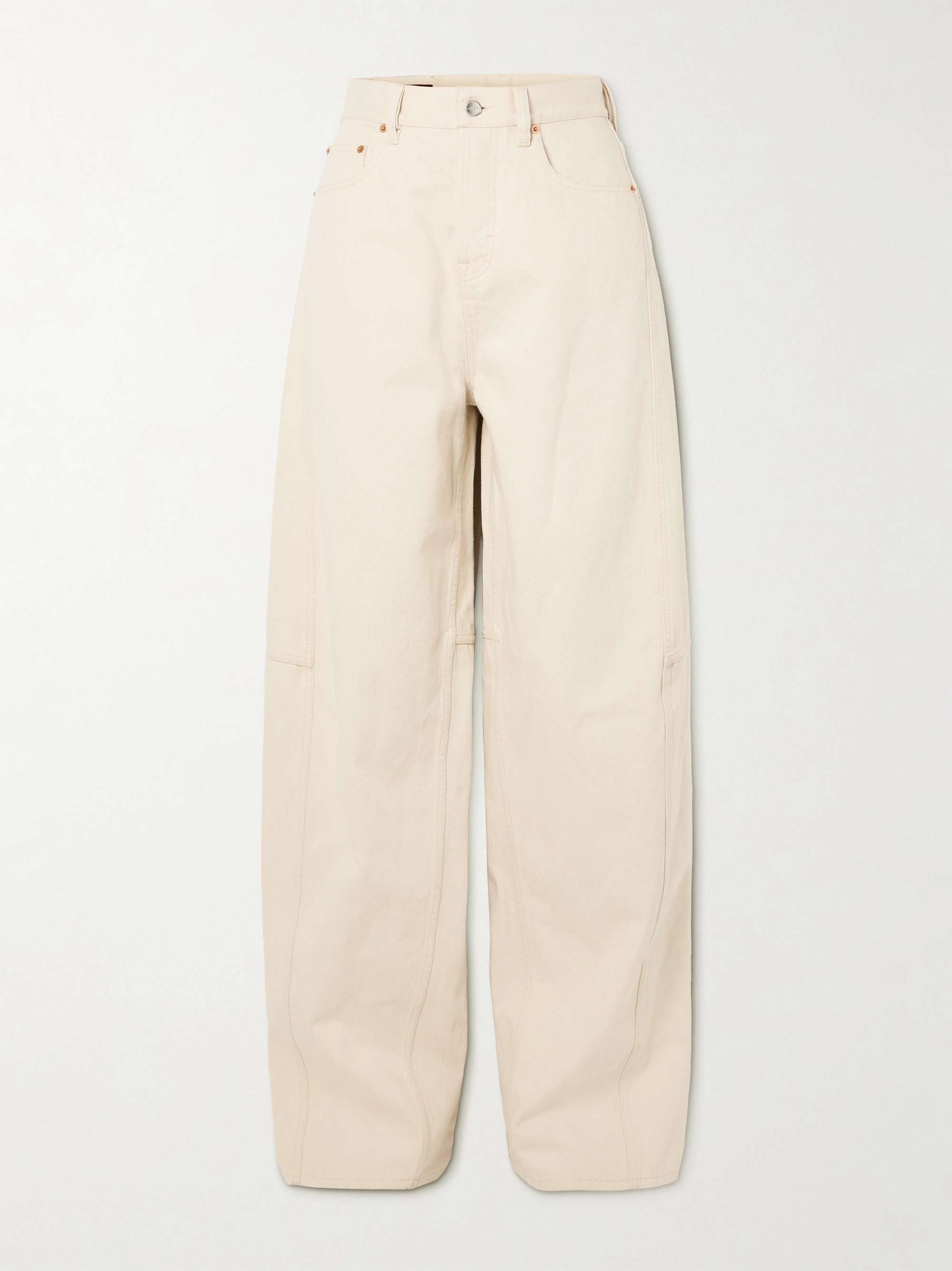 Patent leather-trimmed paneled high-rise barrel-leg jeans view