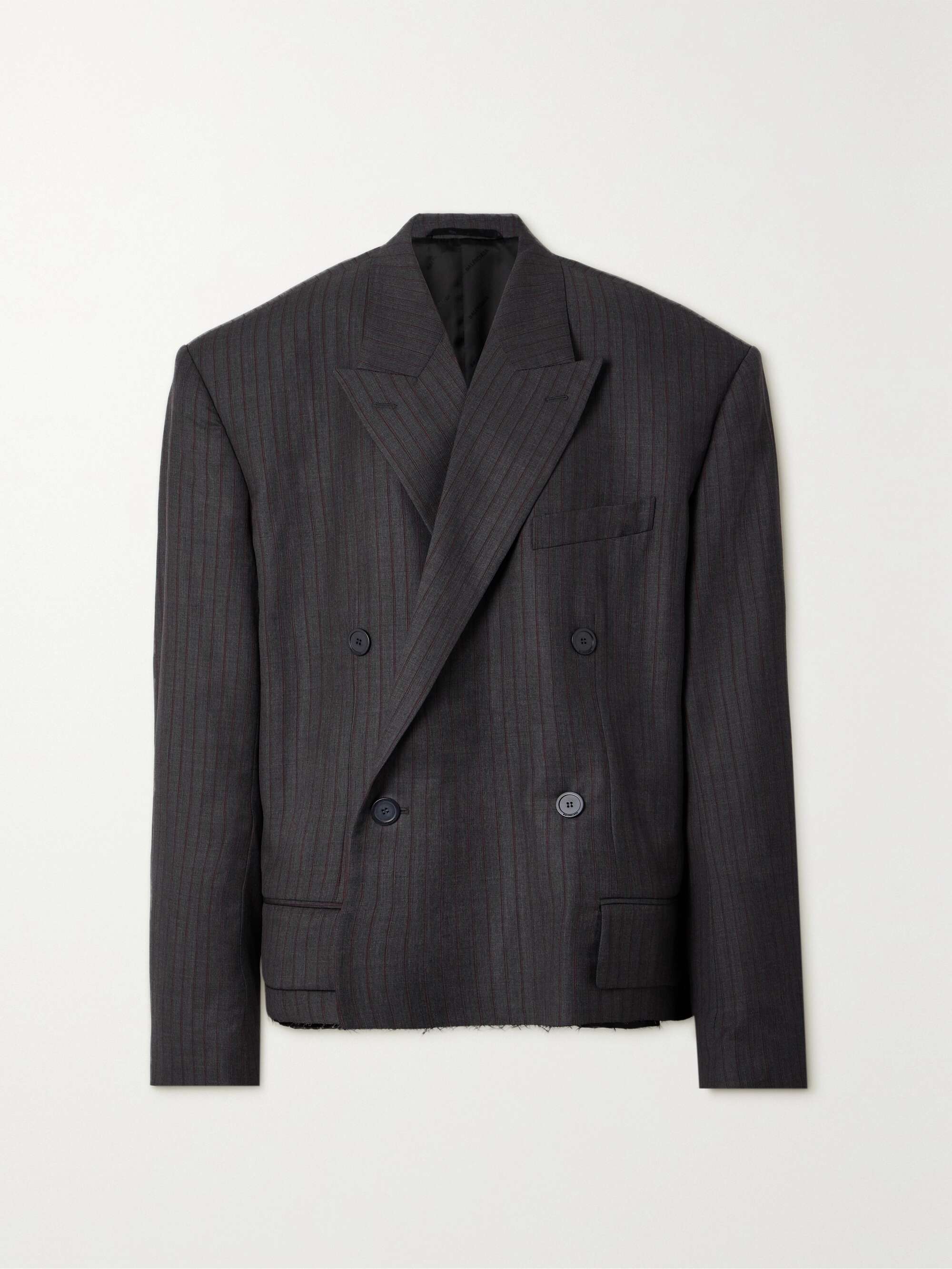 Oversized double-breasted distressed pinstriped wool blazer view