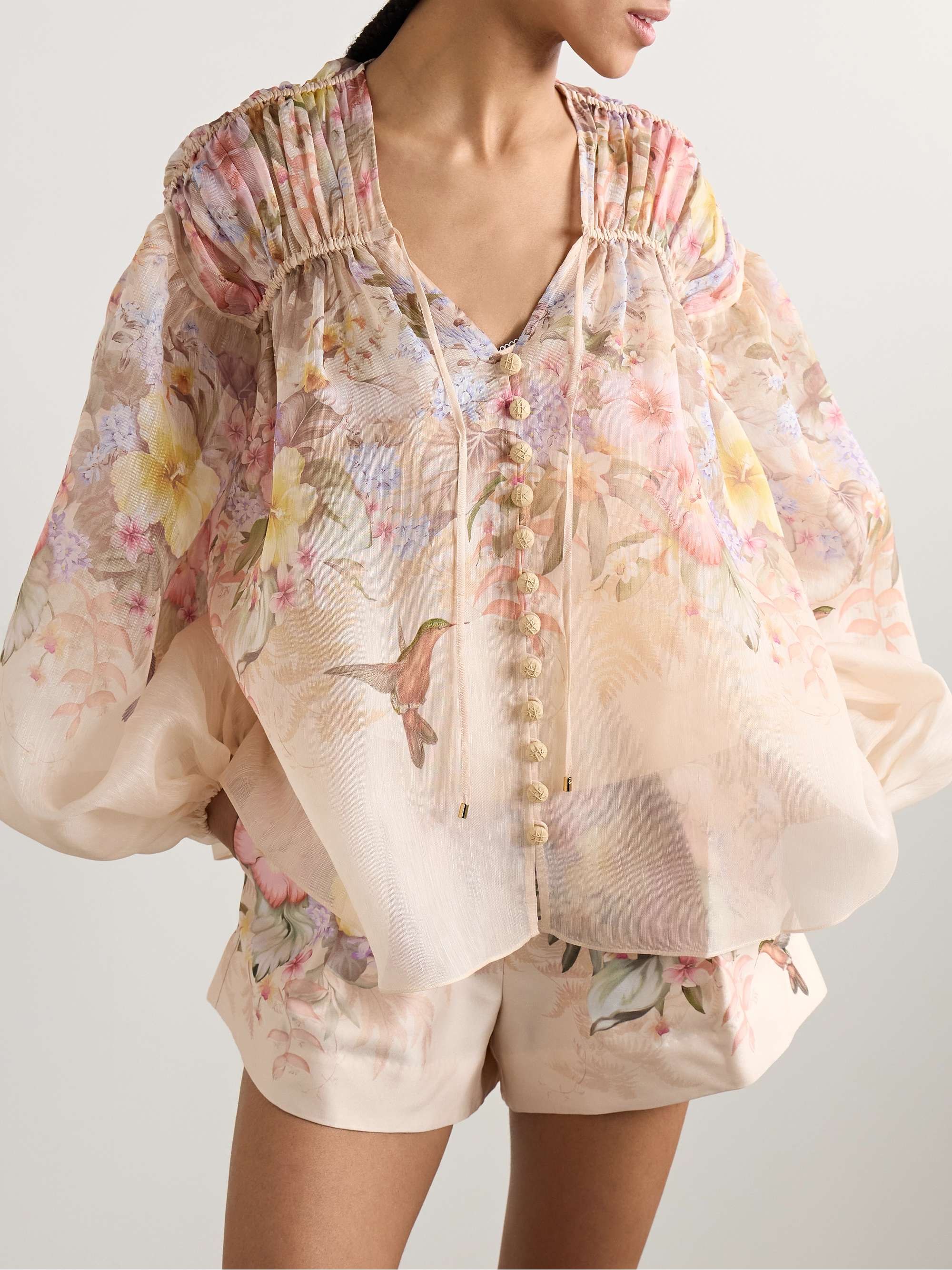 Illuminate pleated floral-print linen and silk-blend blouse view