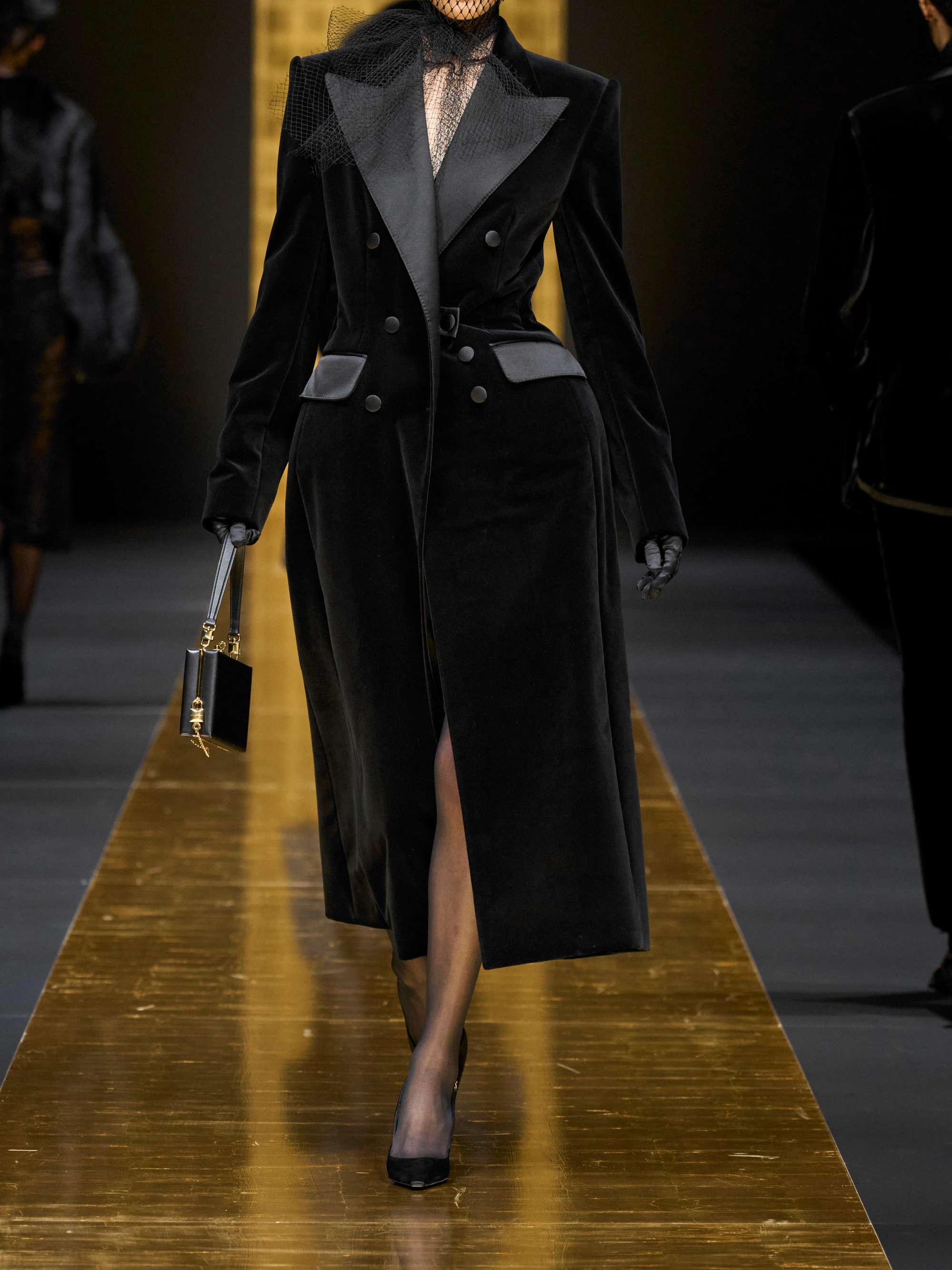 Double-breasted satin-trimmed velvet coat view