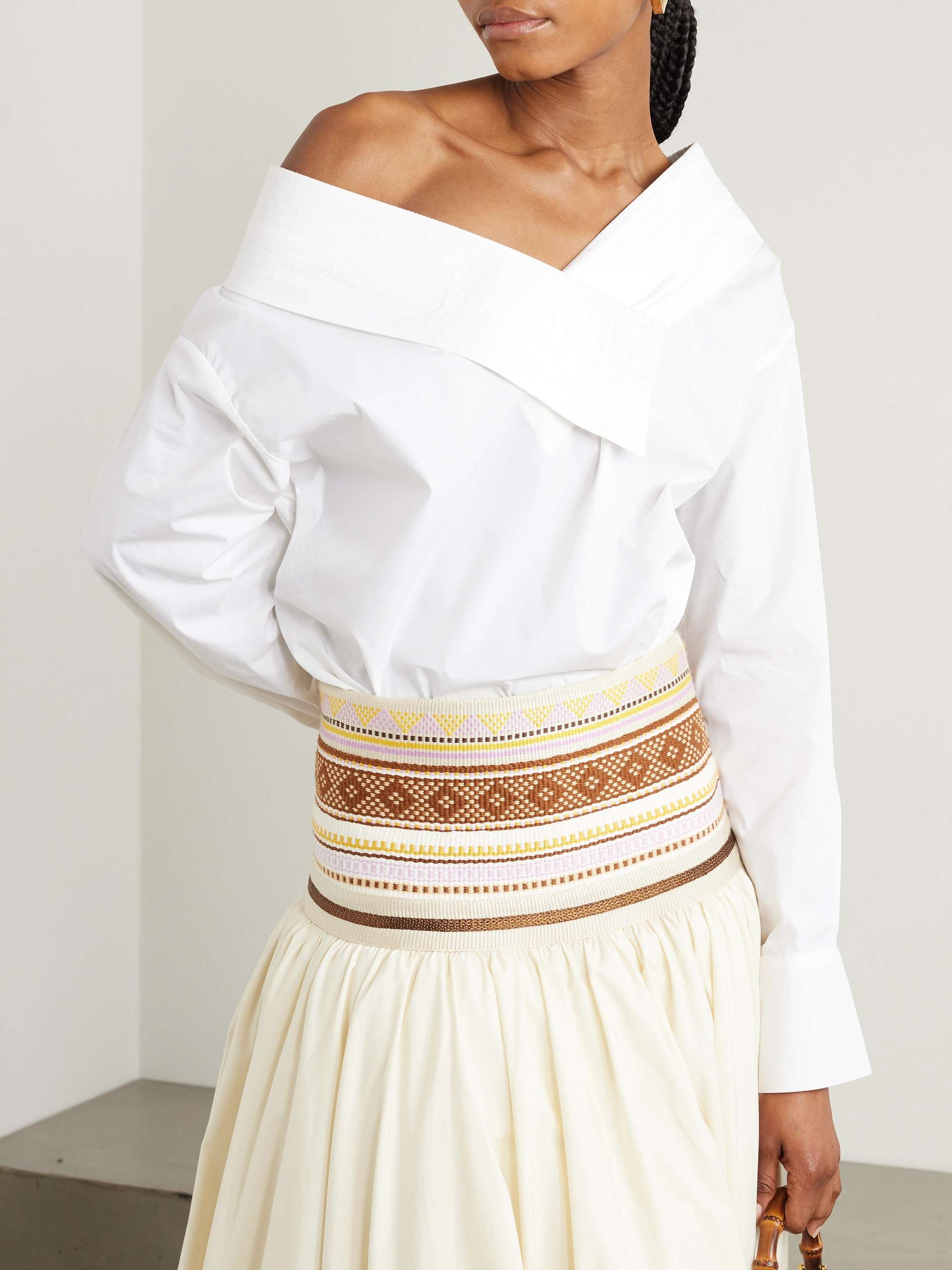 One-shoulder topstitched cotton-blend poplin and jersey bodysuit view