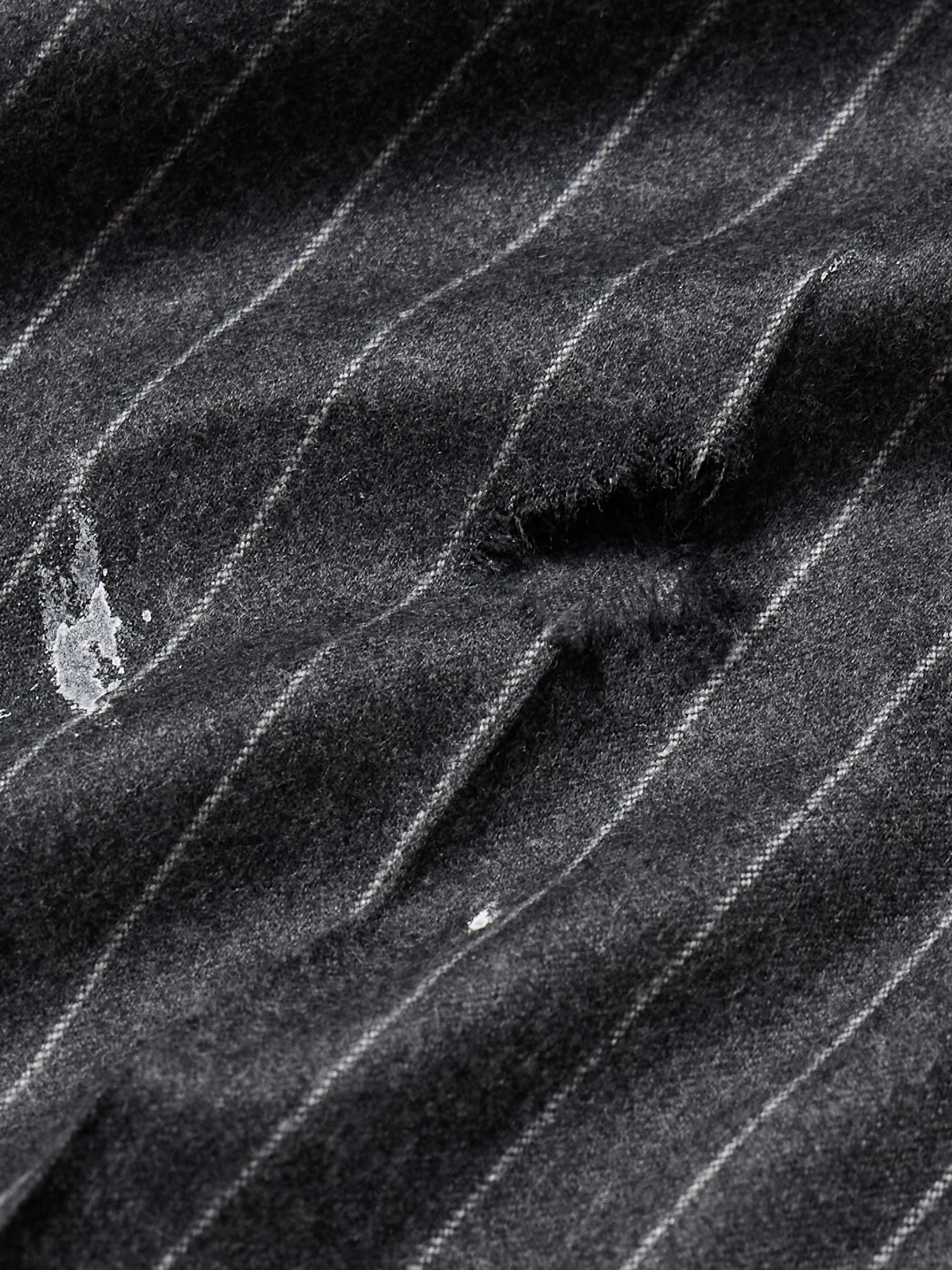 Wide-Leg Pleated Pinstriped Distressed Virgin Wool-Twill Trousers view