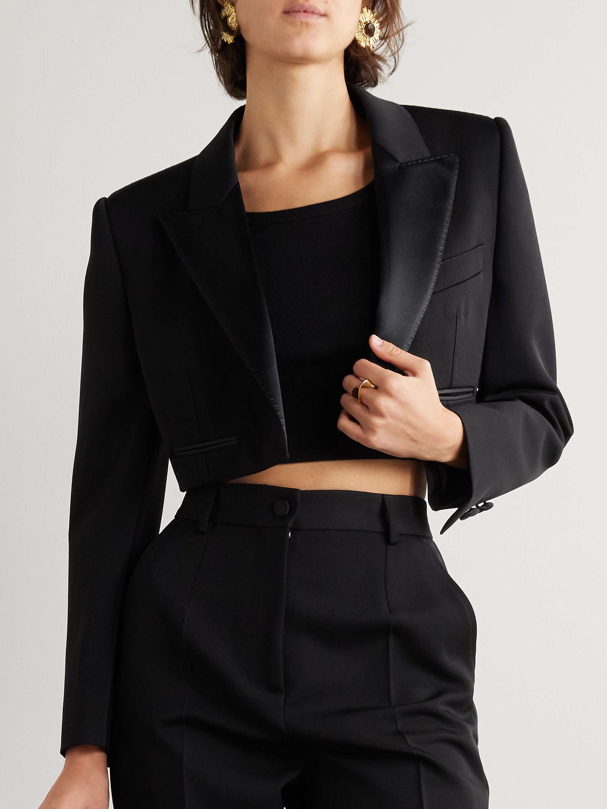 Cropped satin-trimmed wool-blend gabardine blazer view