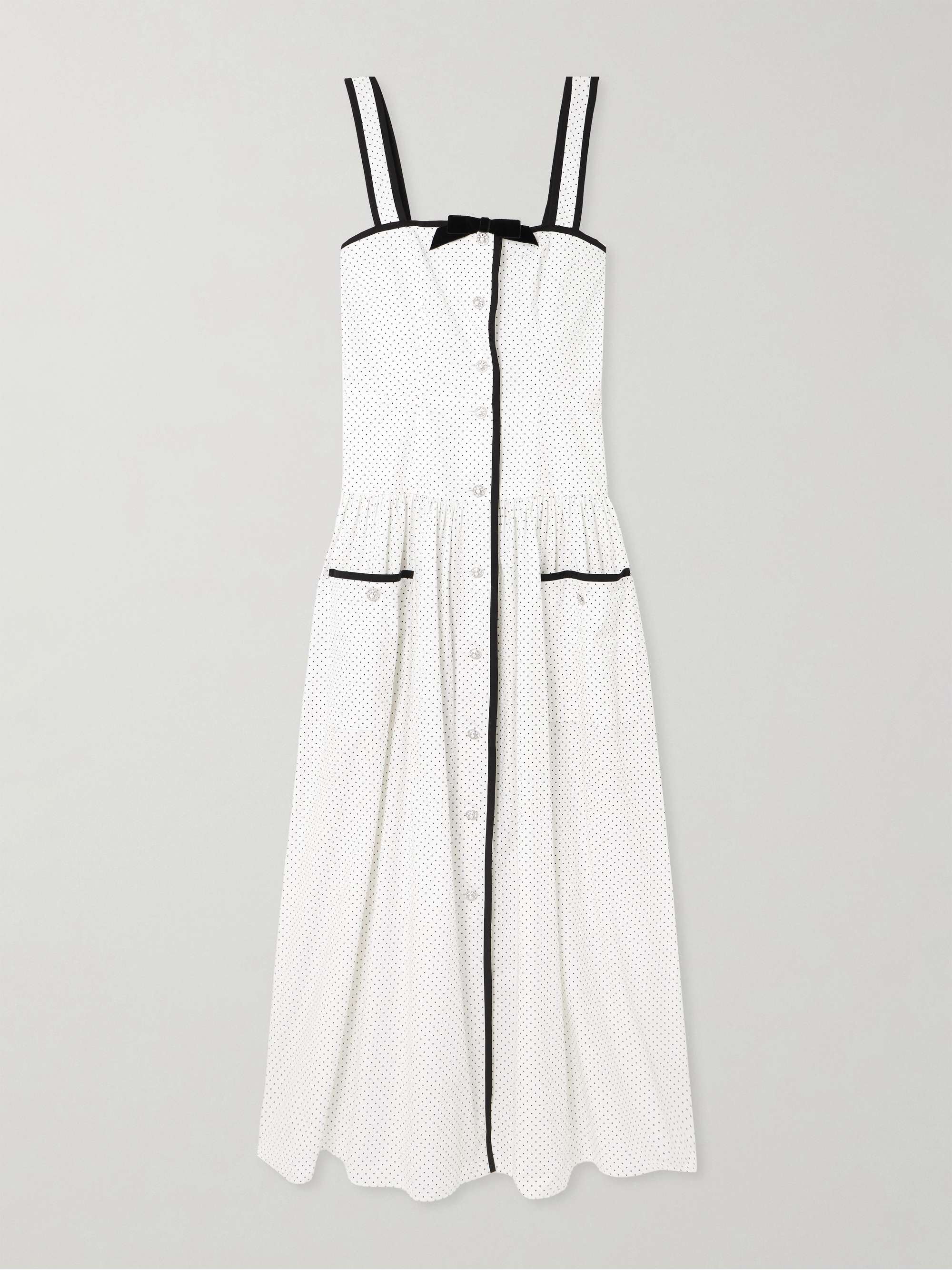 Bow-detailed velvet-trimmed gathered printed cotton-poplin midi dress view