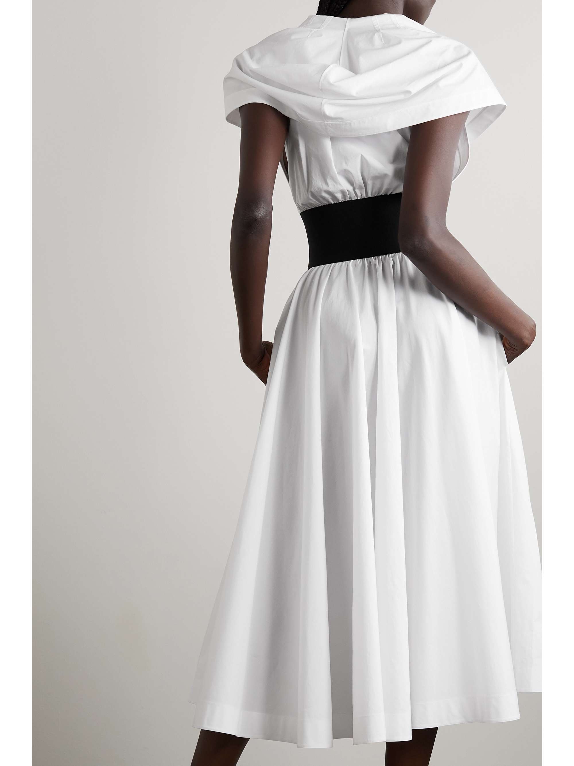 Archetypes cape-effect belted leather-trimmed cotton-poplin midi dress view