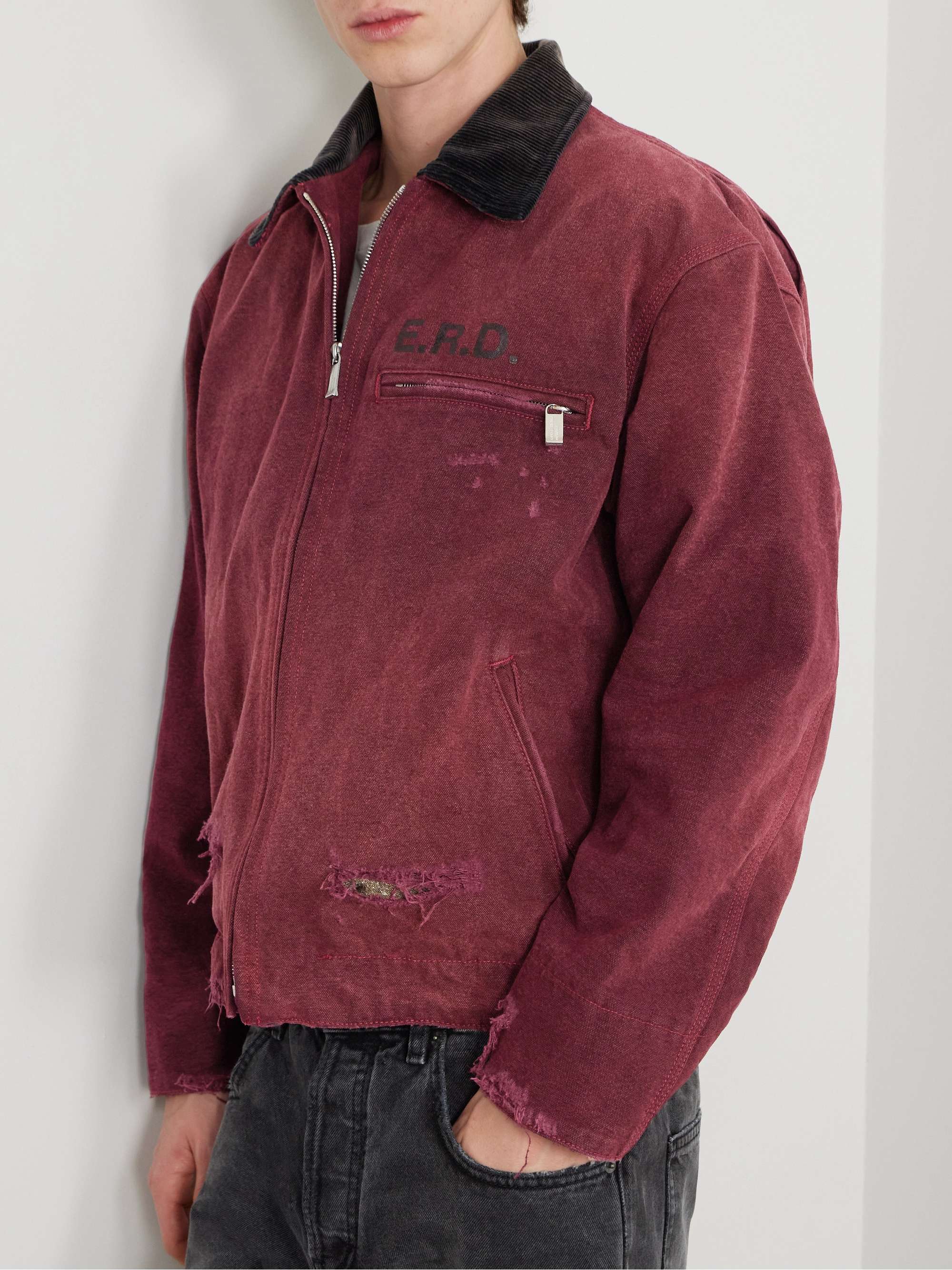 Corduroy-Trimmed Printed Distressed Cotton-Canvas Jacket view
